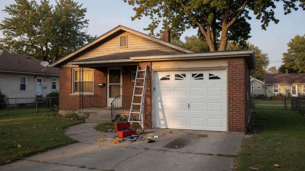 Installed garage door on an older brick home in Lincoln Park, Michigan, part of the Downriver corridor.