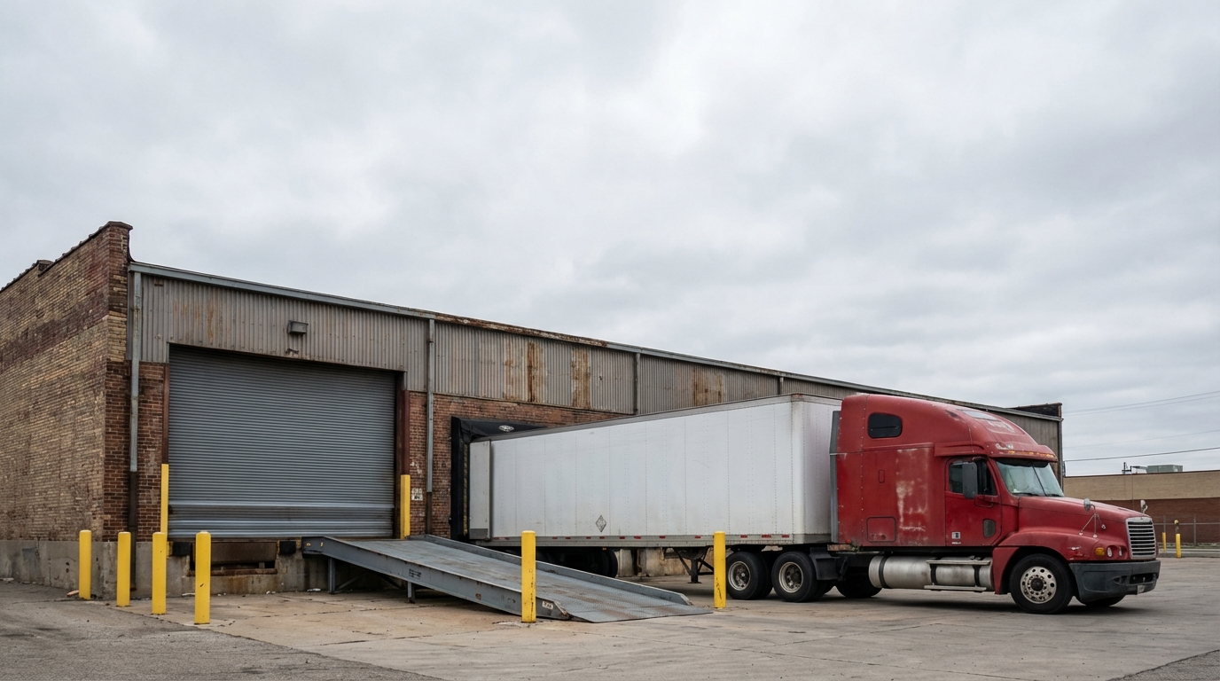 Commercial loading dock with steel overhead door and truck bay