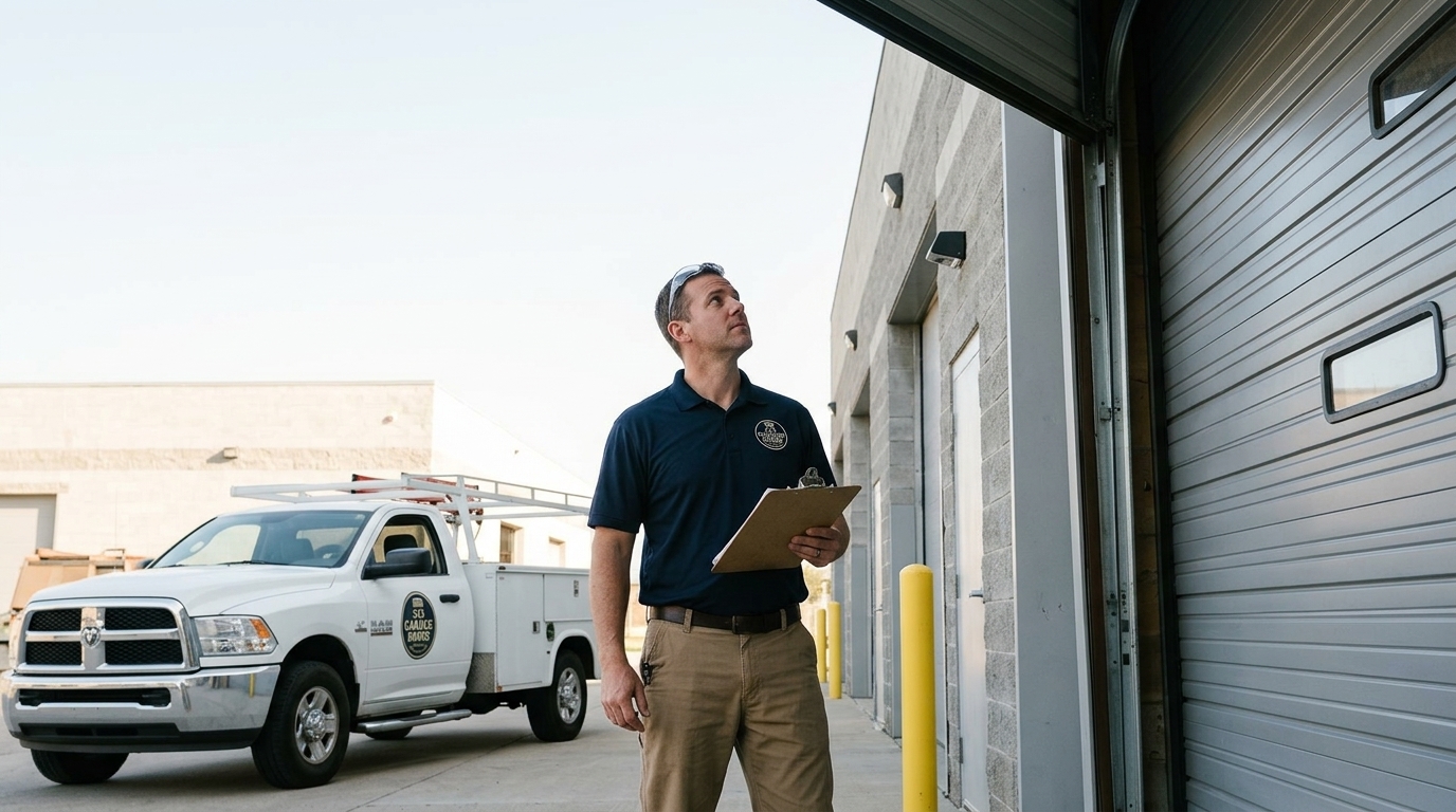 313 Garage Door technician inspecting a commercial roll-up door during scheduled maintenance