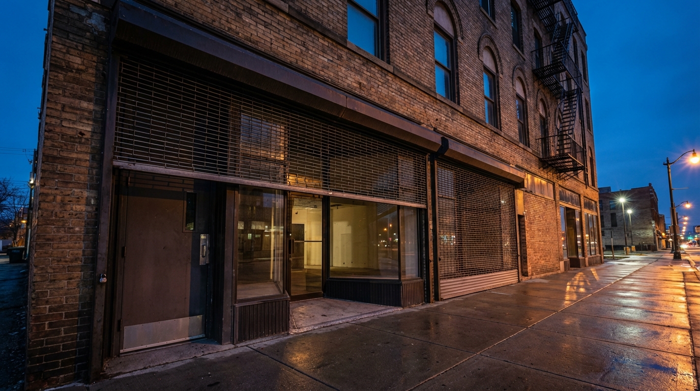 Retail storefront with steel security grille in urban Detroit