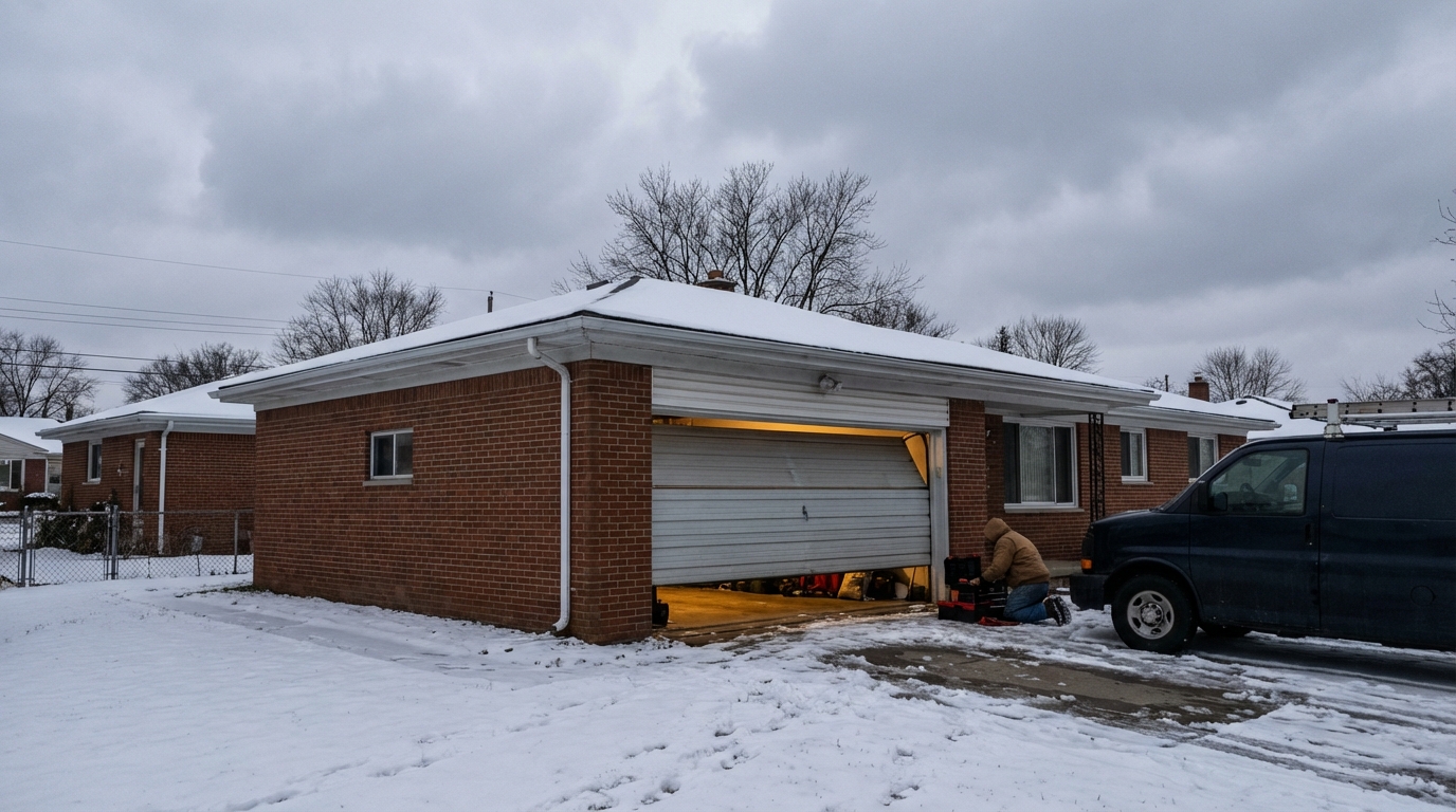 Winter scene with stuck garage door and snow at a Detroit home