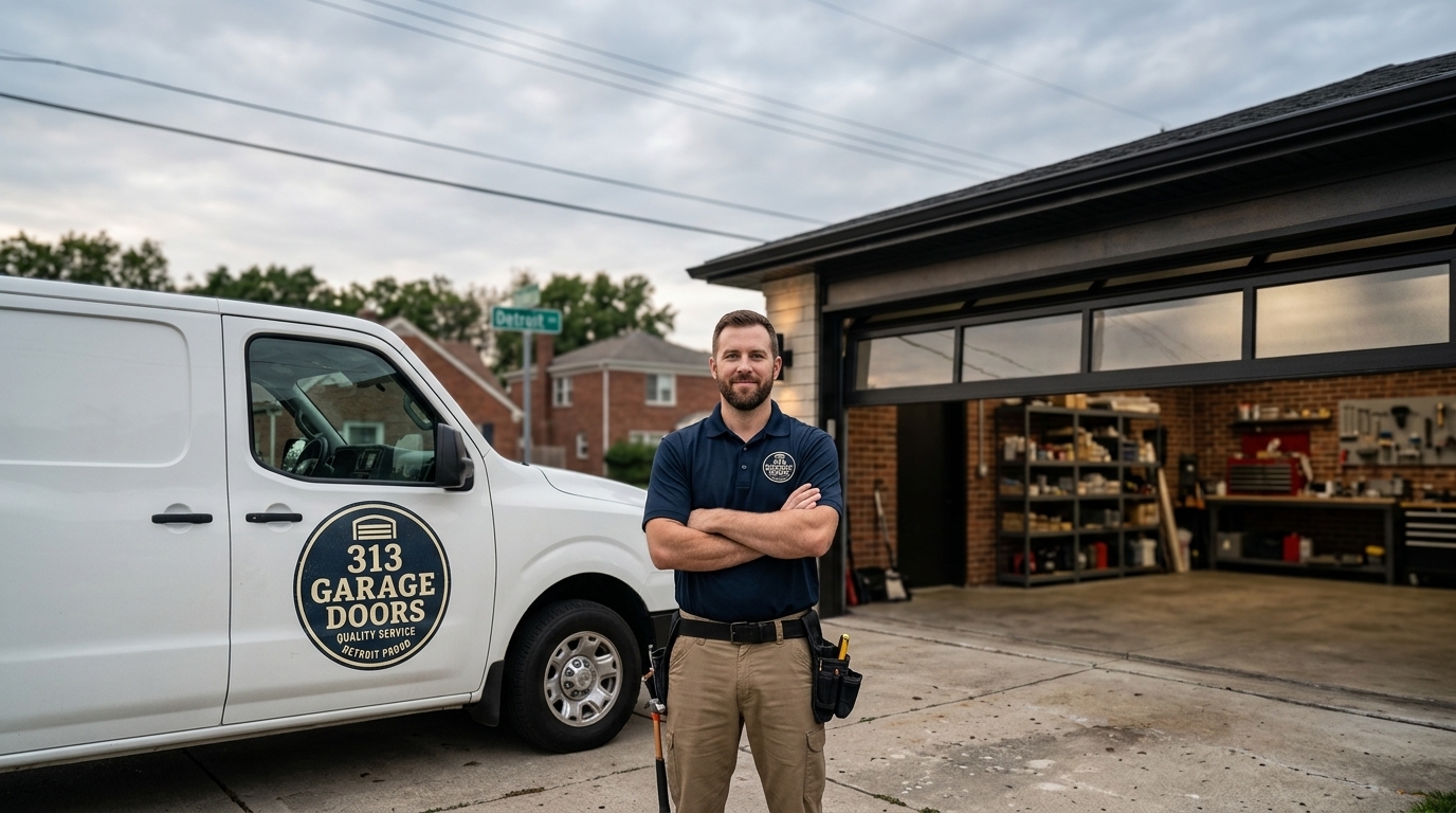 313 Garage Door technician arriving at a Detroit home for same-day emergency repair