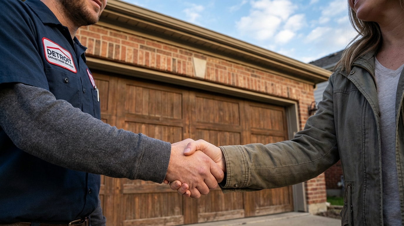 Handshake between technician and homeowner in front of garage door