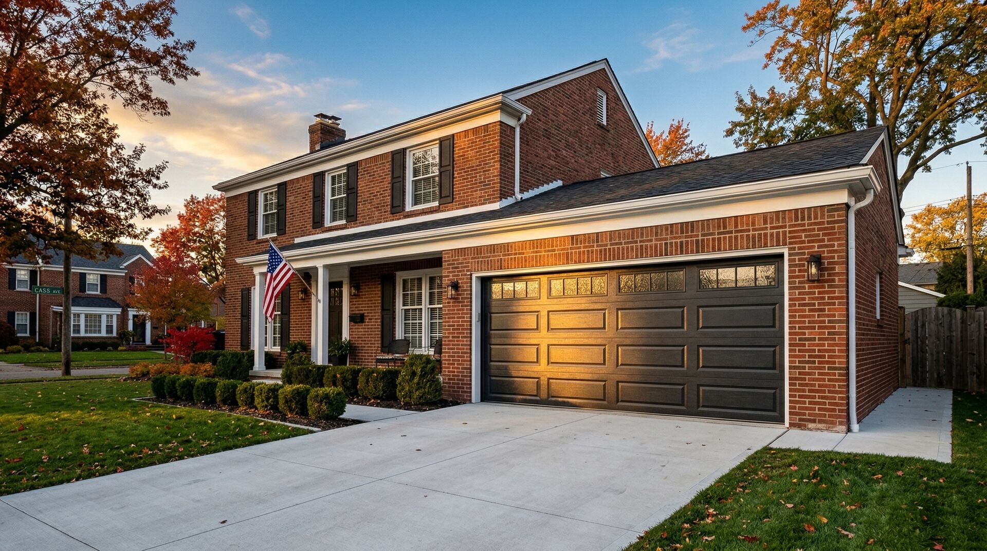 Beautiful Detroit brick colonial home with a new dark charcoal garage door at golden hour