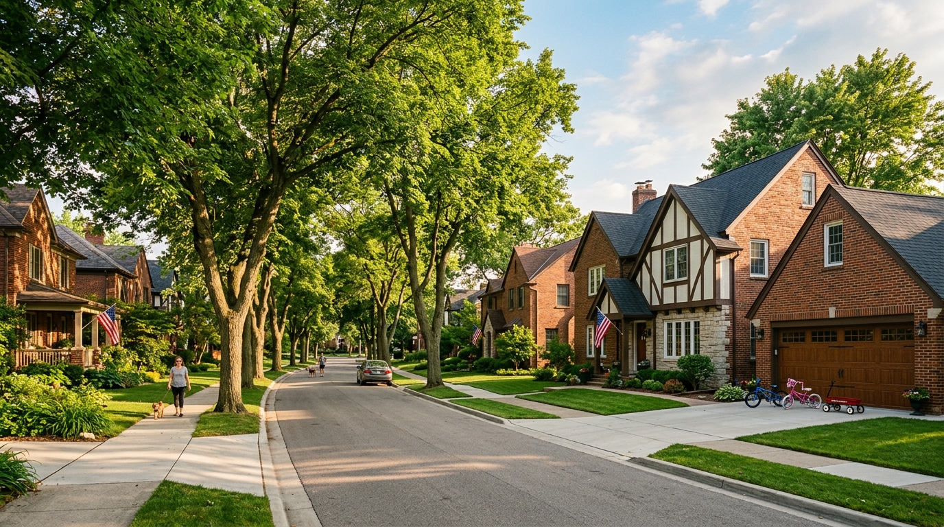 Tree-lined Dearborn Michigan residential street with Tudor homes and carriage-style garage doors