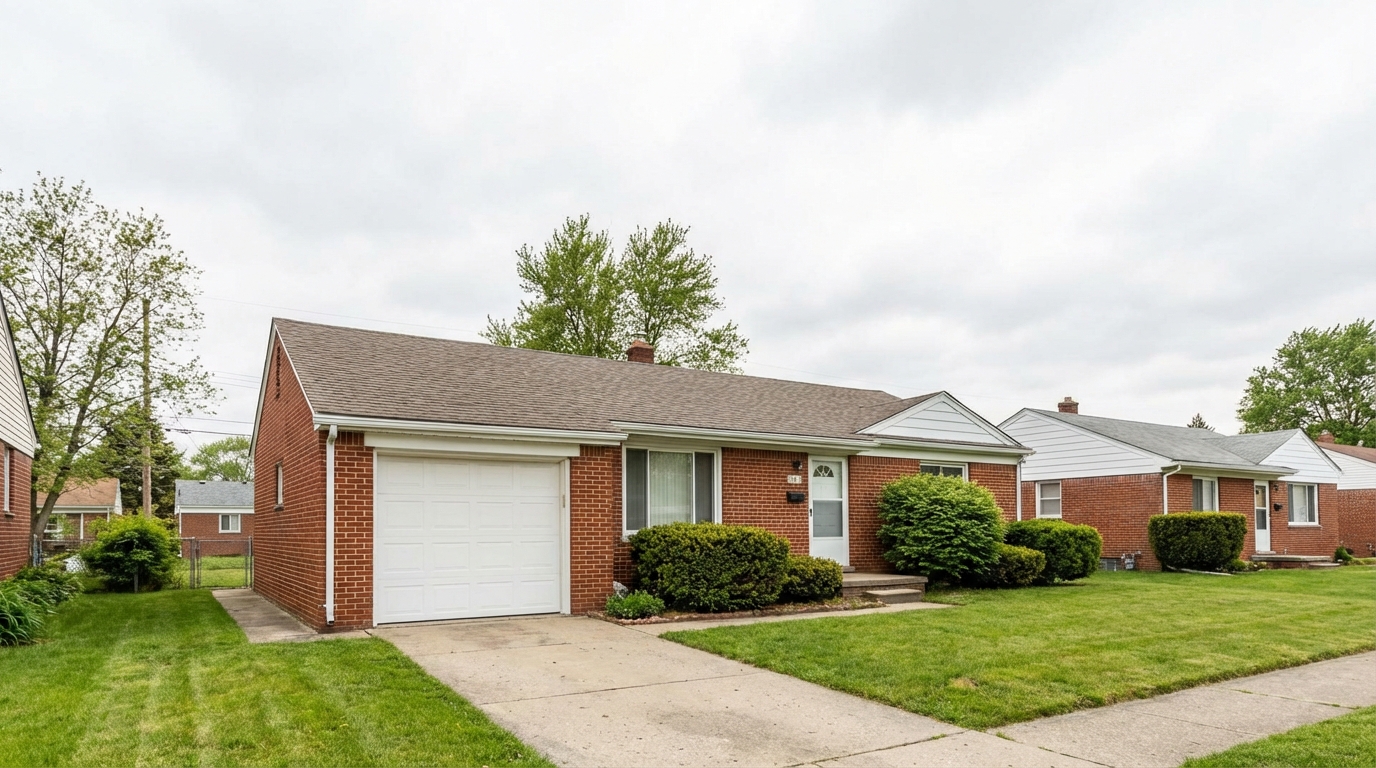 Modest brick ranch home with garage door in Inkster Michigan