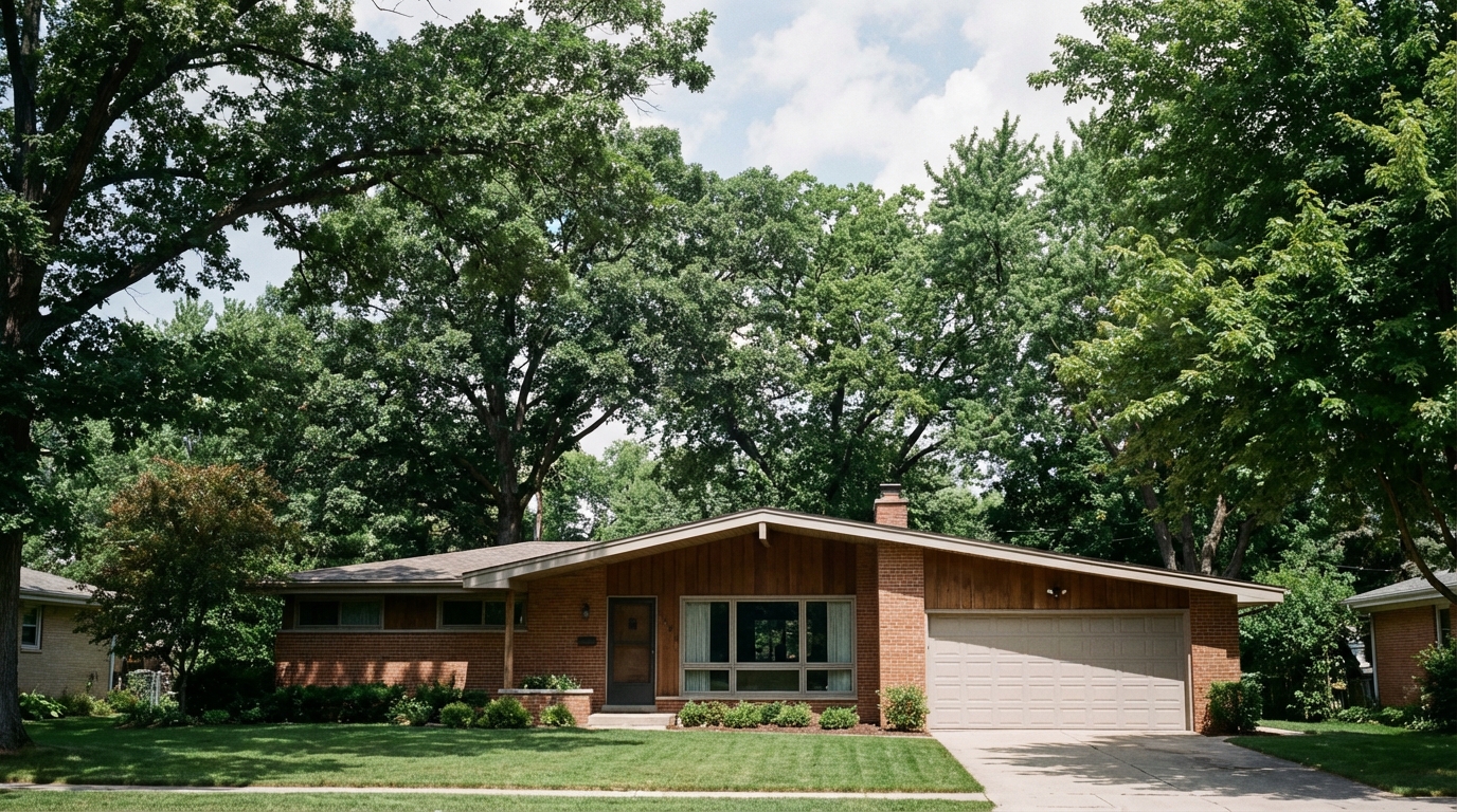 Mid-century ranch home with garage door on tree-lined street in Oak Park Michigan