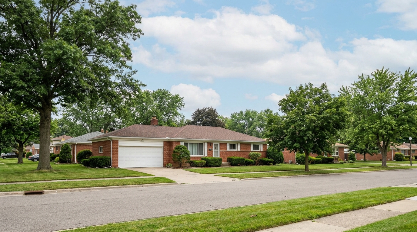 Classic brick bungalow with garage door in Redford Michigan