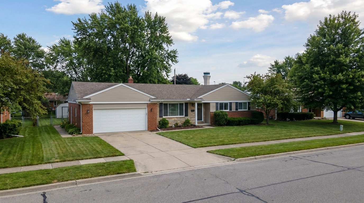 Ranch style home with garage door in Romulus Michigan