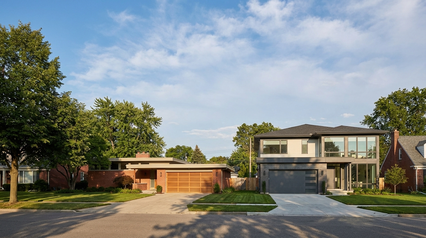 Diverse residential neighborhood with garage doors in Southfield Michigan