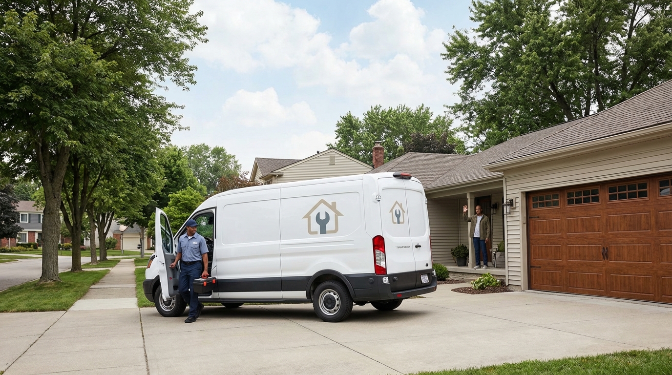 Service van arriving at Detroit home to begin garage door service