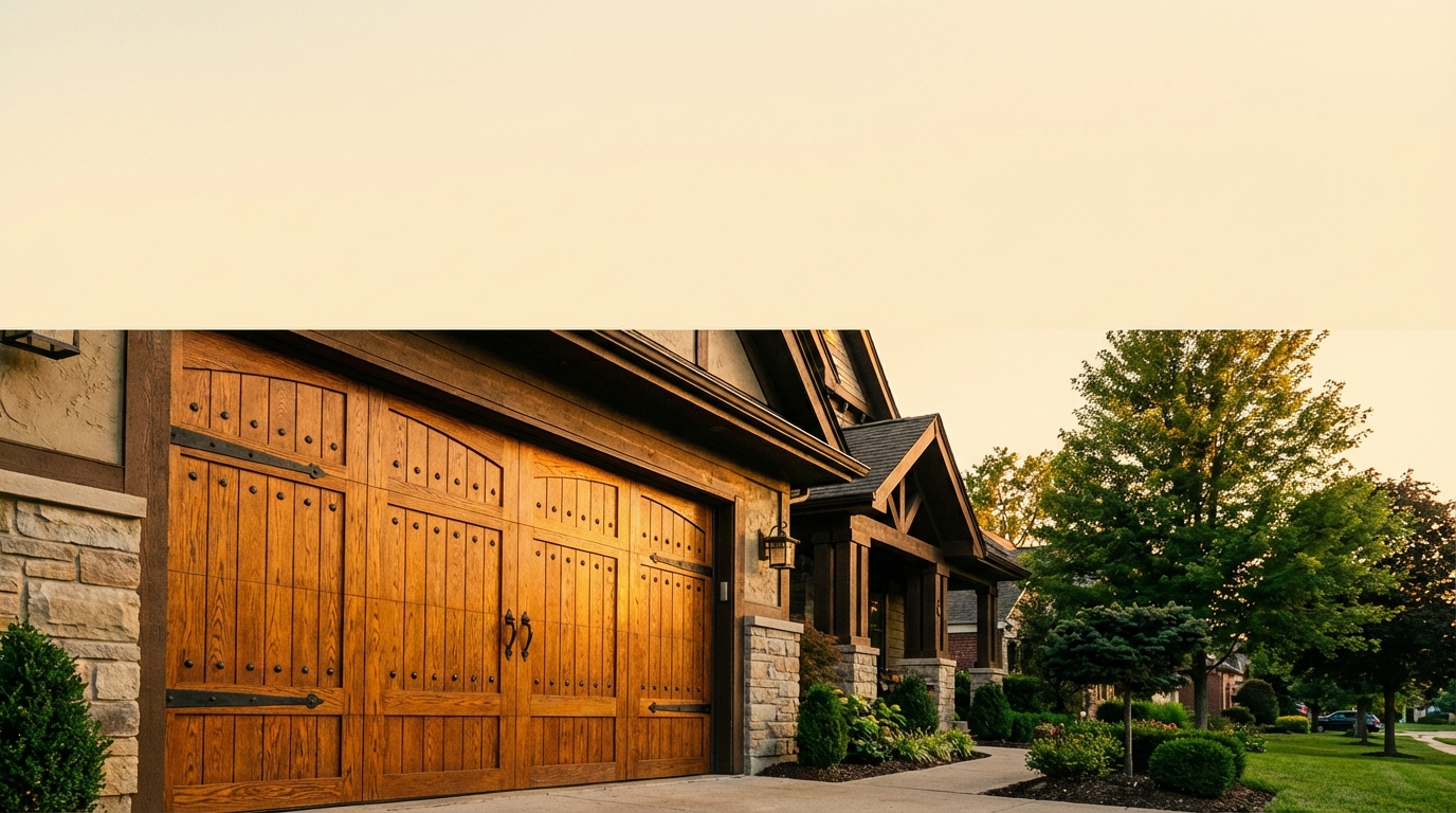 Custom wood carriage-style garage door on upscale Detroit home