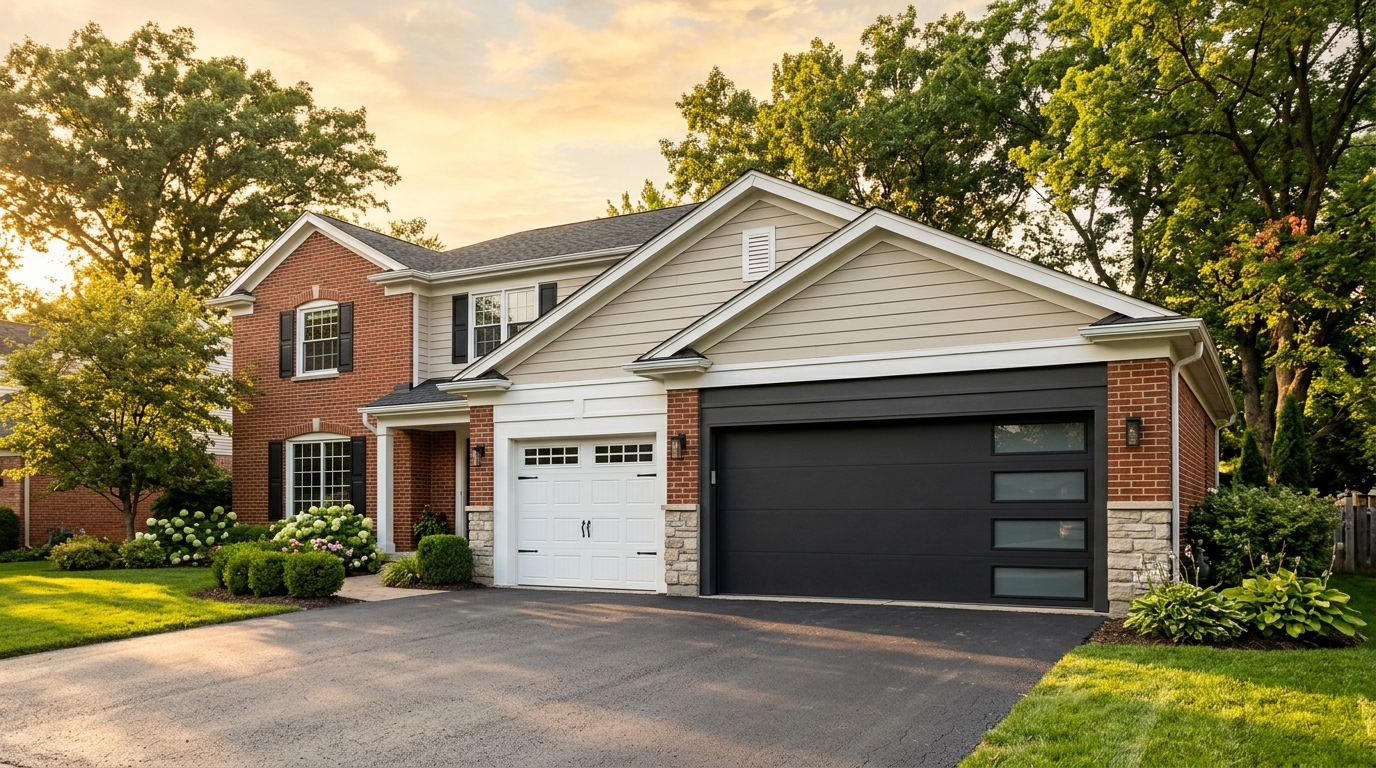Detroit suburban home with two different garage door styles showing the range of residential options