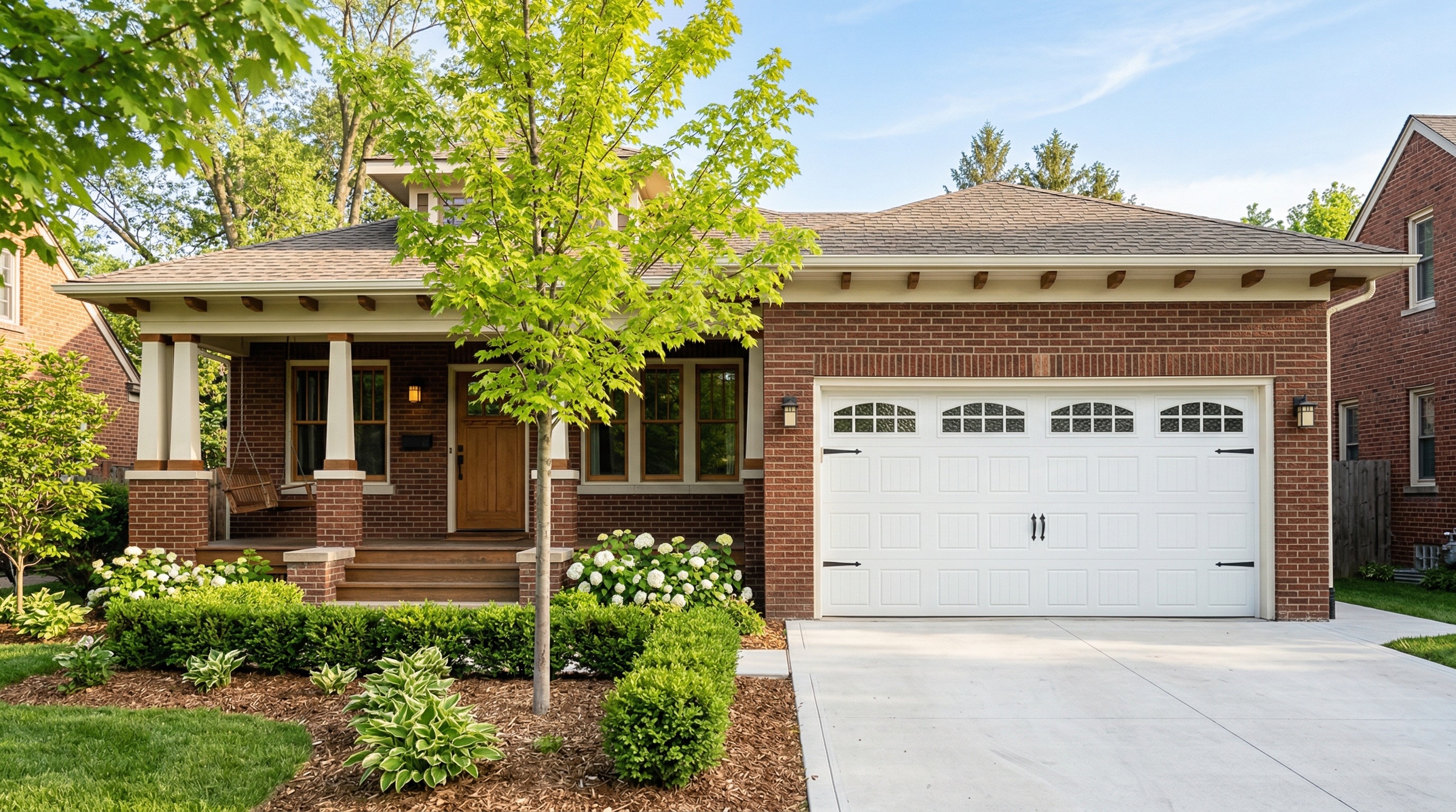 Freshly installed white carriage-style garage door on a Detroit craftsman bungalow
