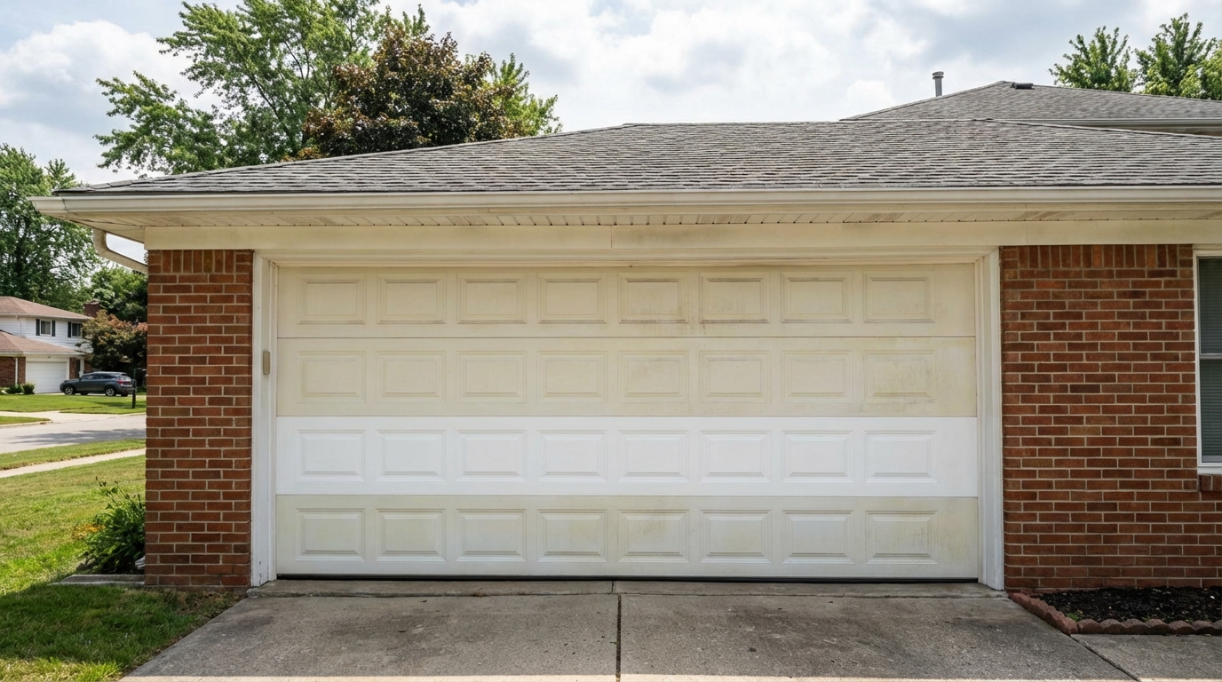 Garage door with one fresh replacement panel among weathered panels