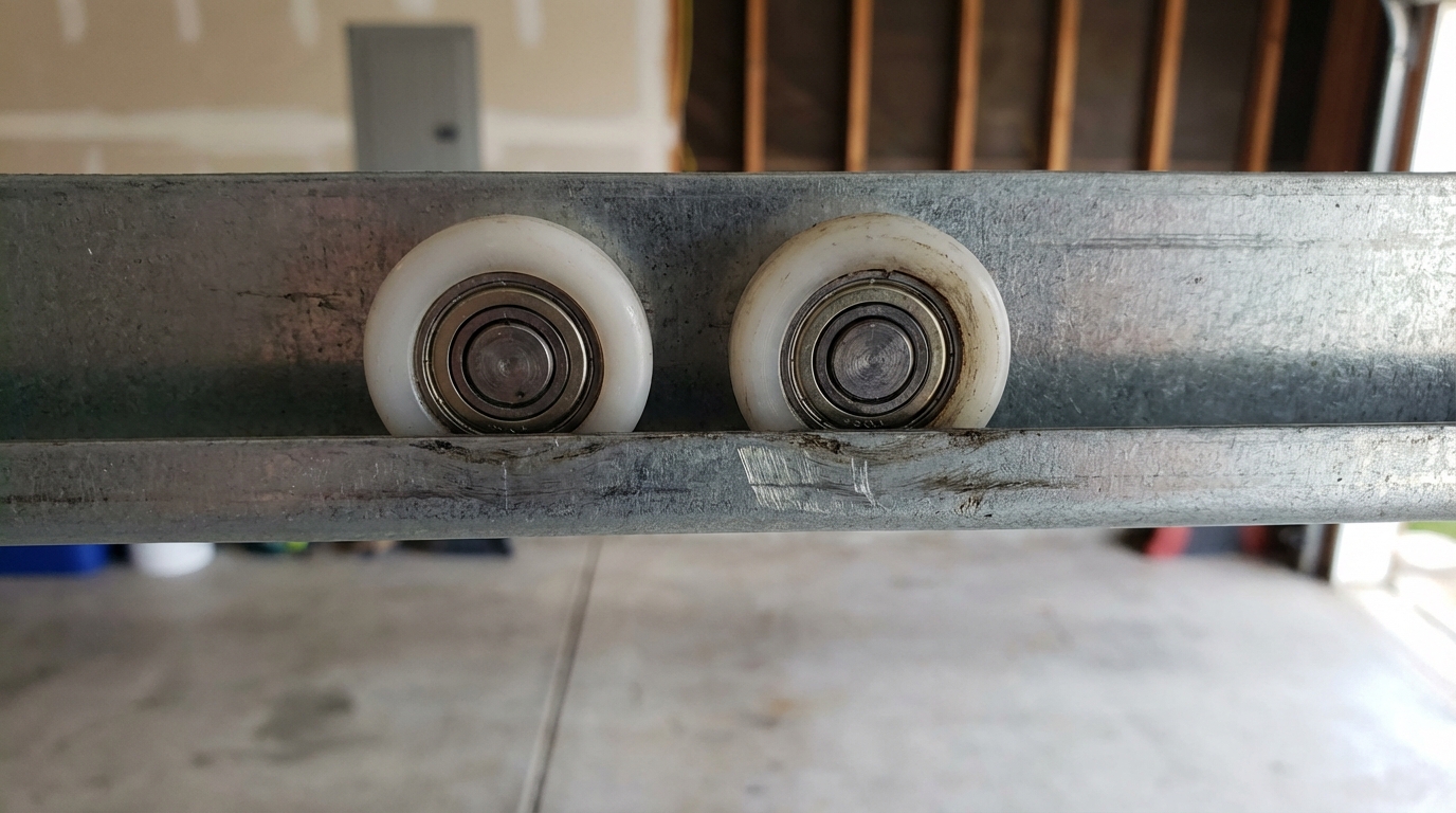 Close-up of nylon garage door rollers in steel track
