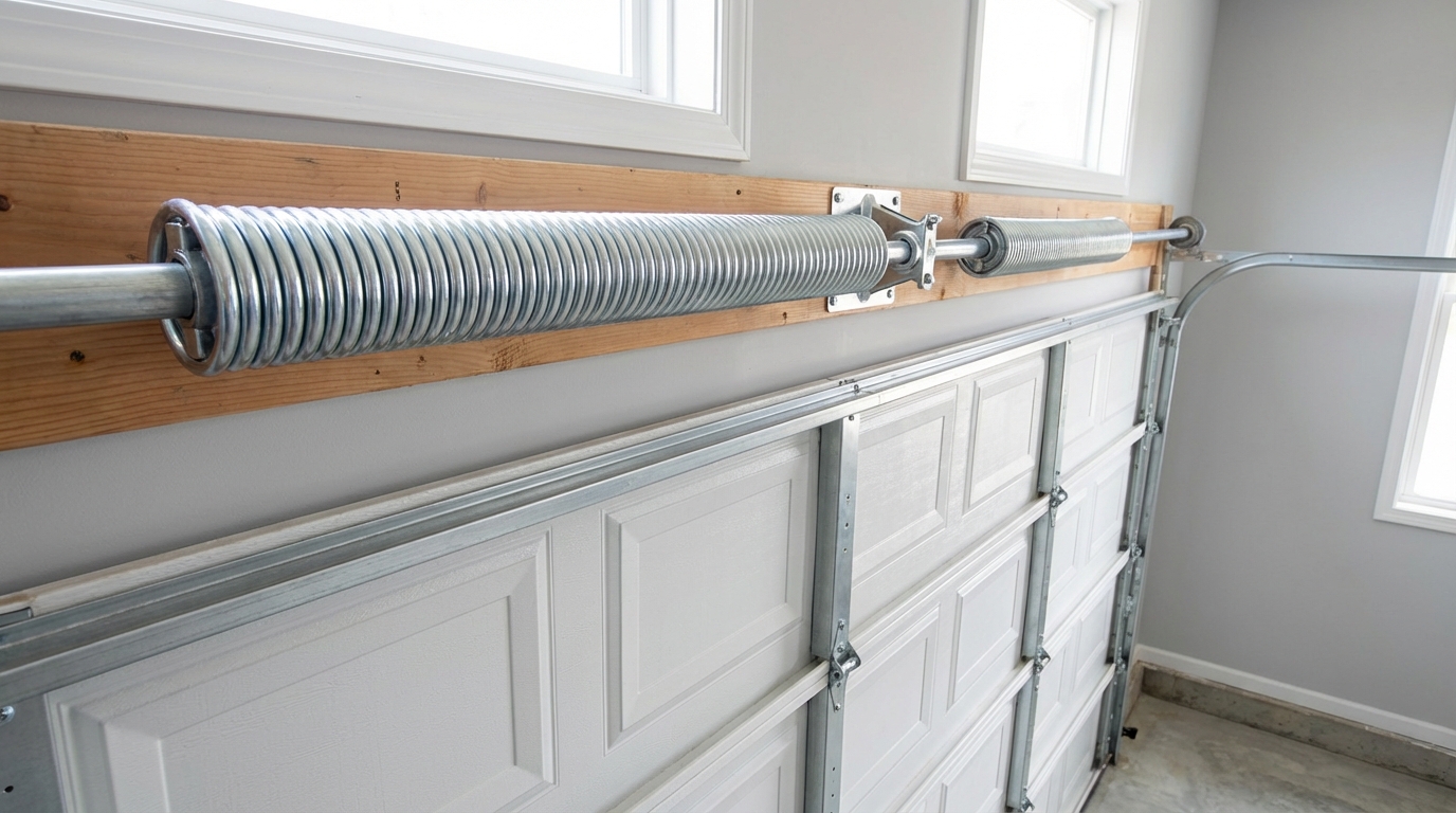 Close-up of freshly installed torsion spring on a Detroit residential garage door