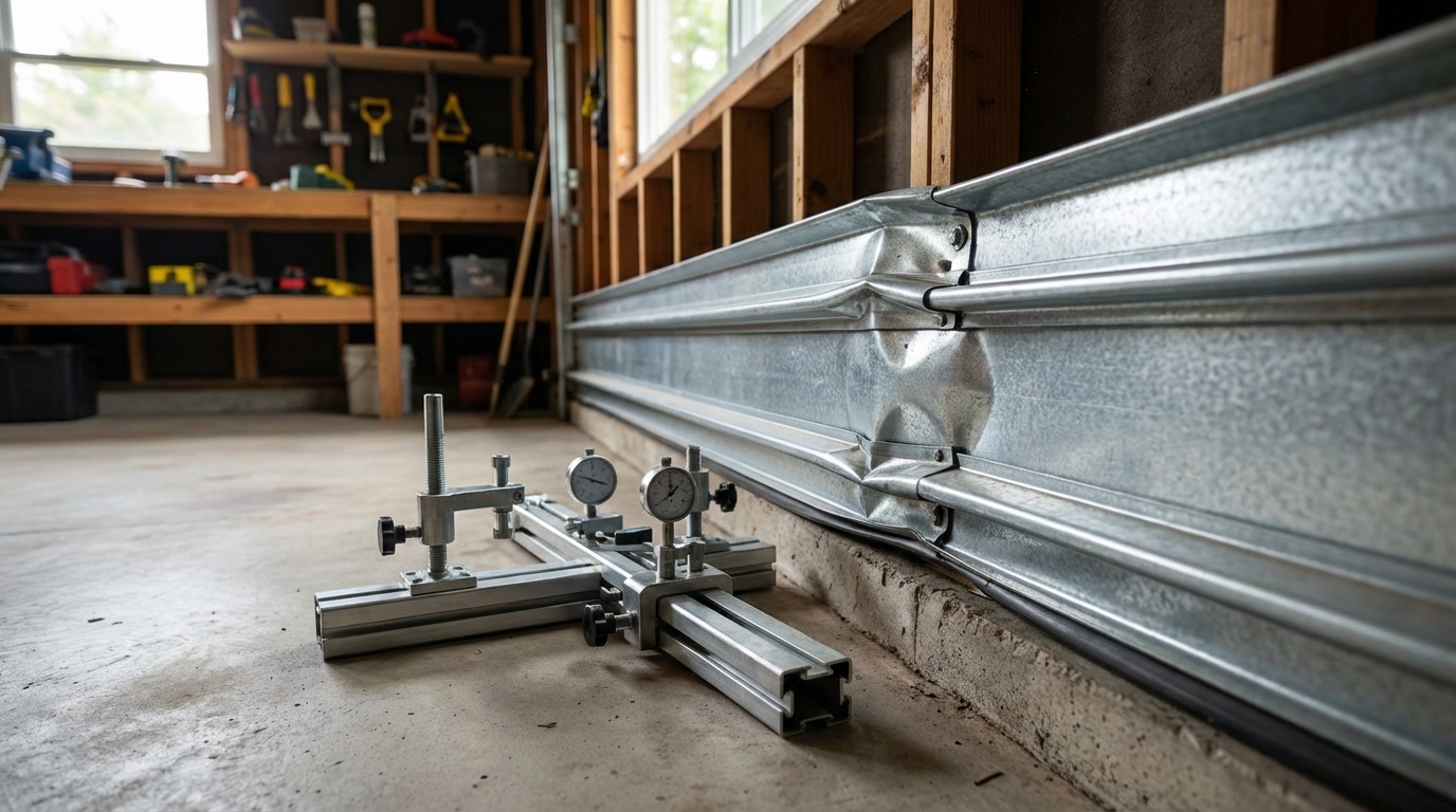 Bent garage door track with alignment tool for repair