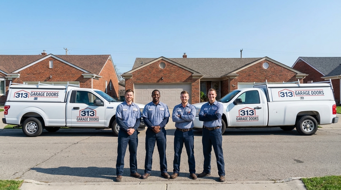 313 Garage Doors team of technicians by service trucks