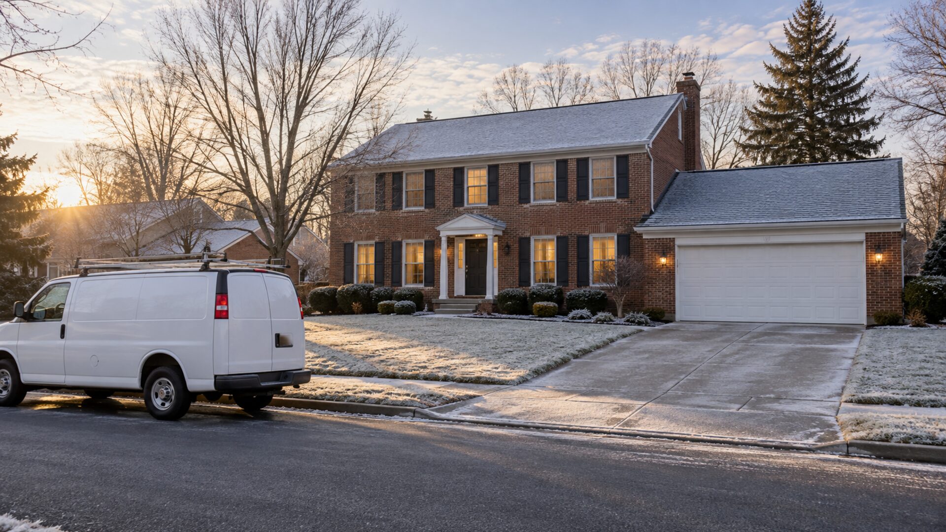 Early winter morning at a Detroit brick colonial, white two-car garage door closed and frost on the driveway