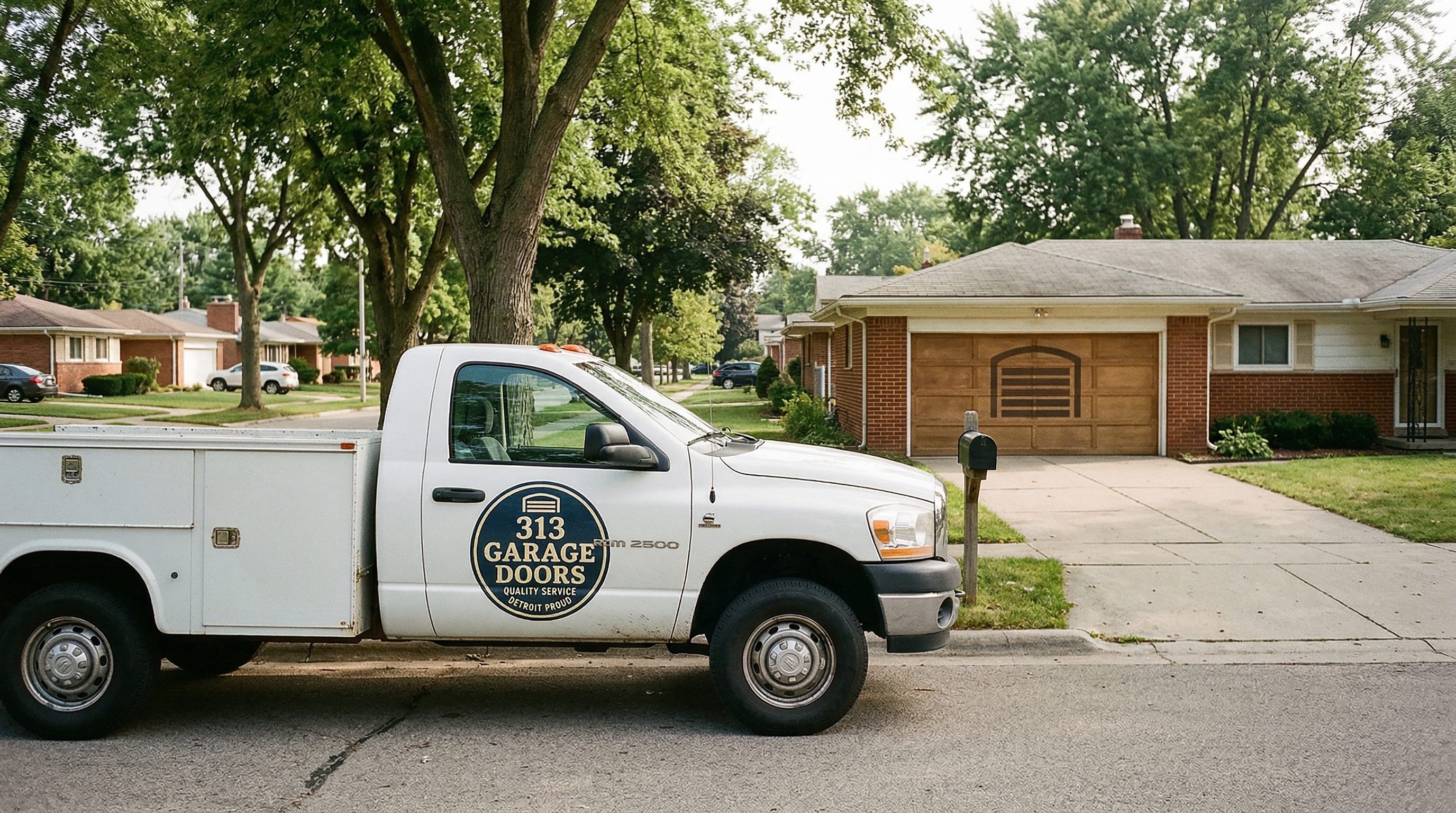 313 Garage Door service truck parked at a ranch home in Allen Park, Michigan
