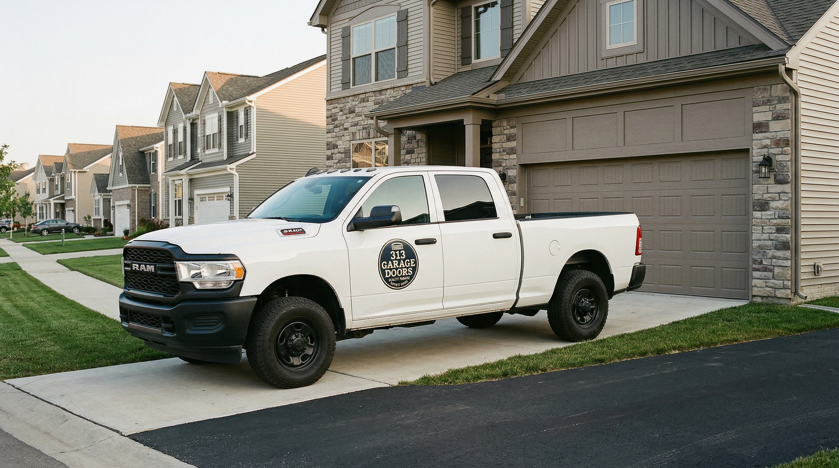 313 Garage Door service truck parked at a newer subdivision home in Canton, Michigan
