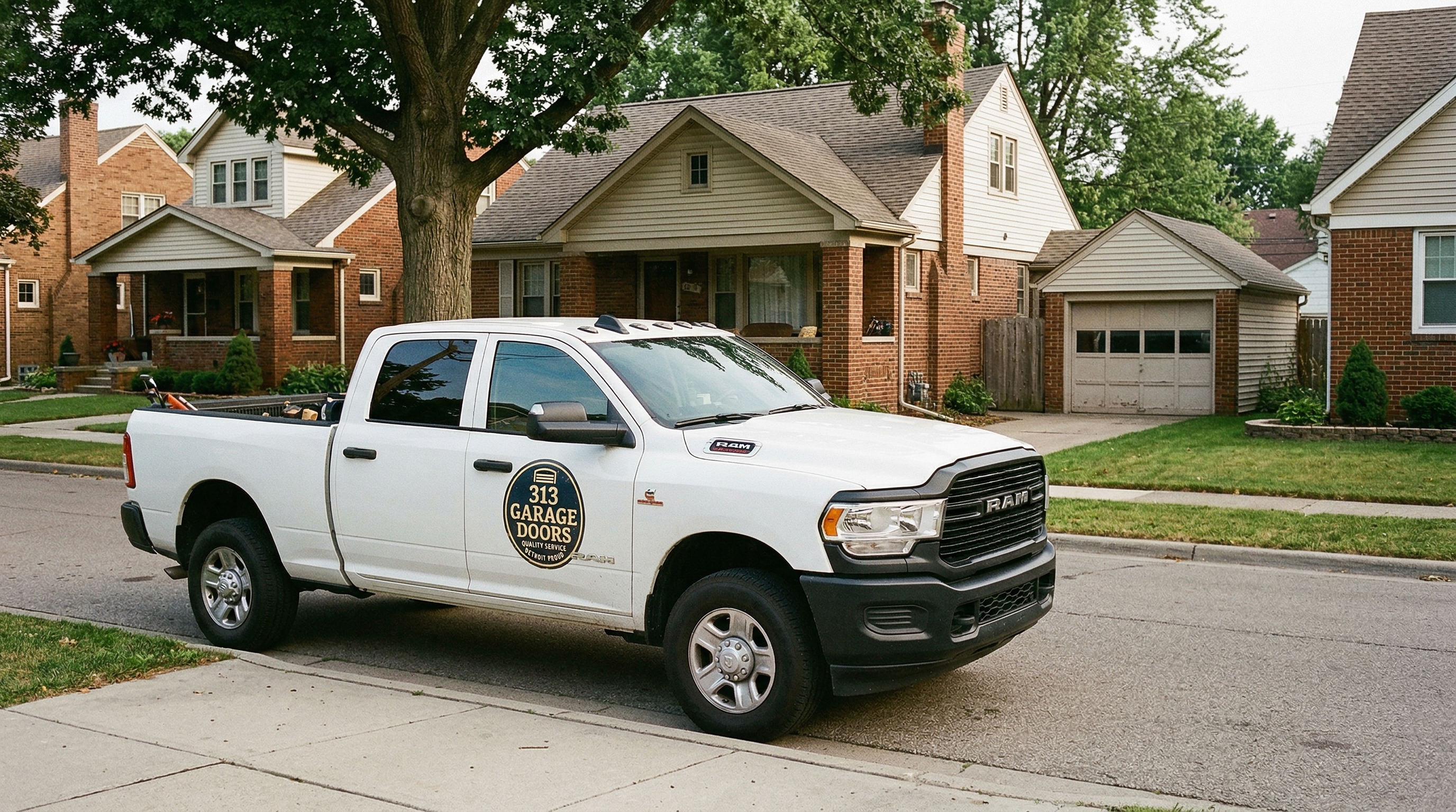 313 Garage Door service truck in Ferndale, Michigan near a 1920s brick bungalow