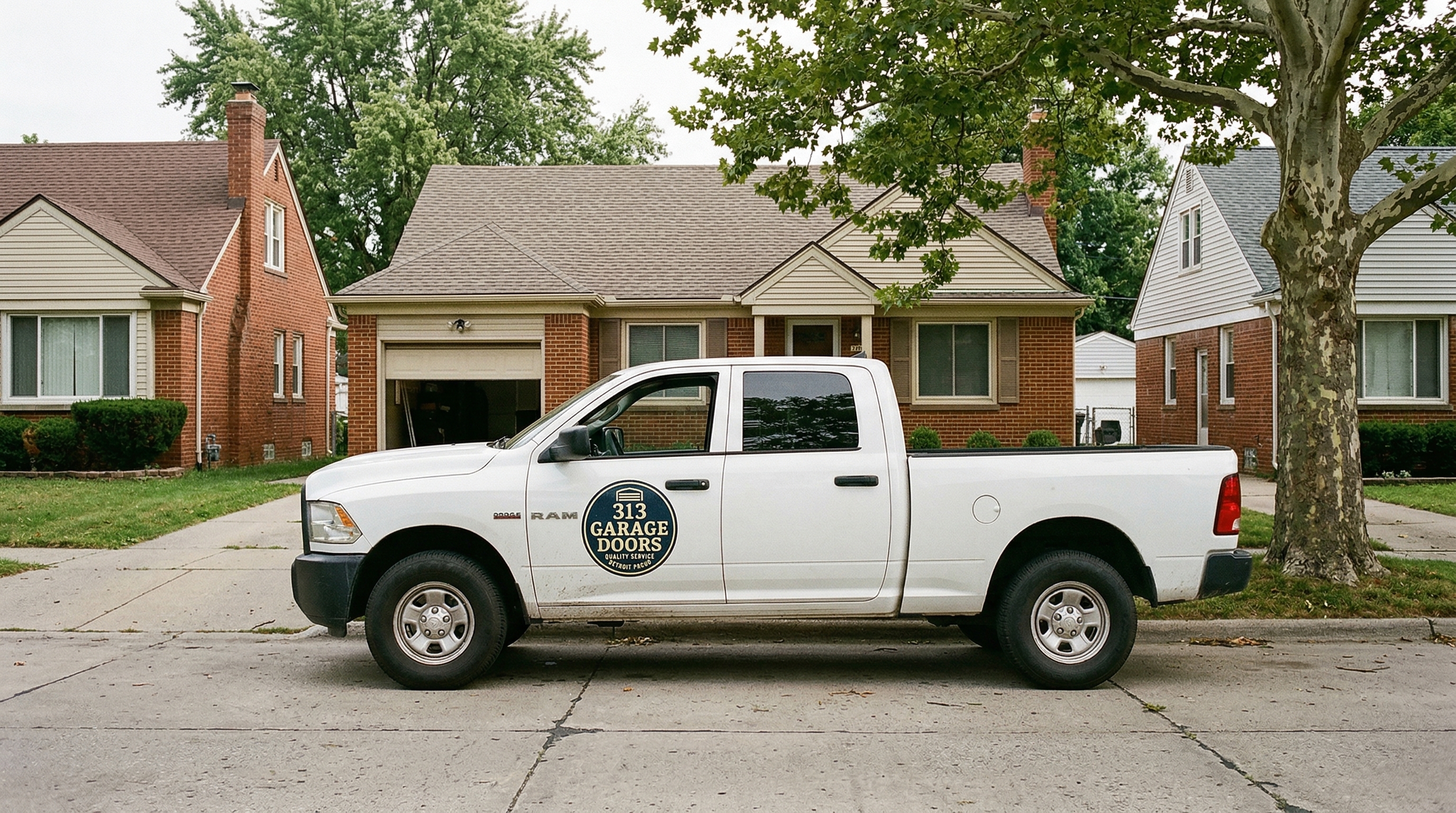 313 Garage Door service truck parked near a 1950s brick bungalow in Hazel Park, Michigan