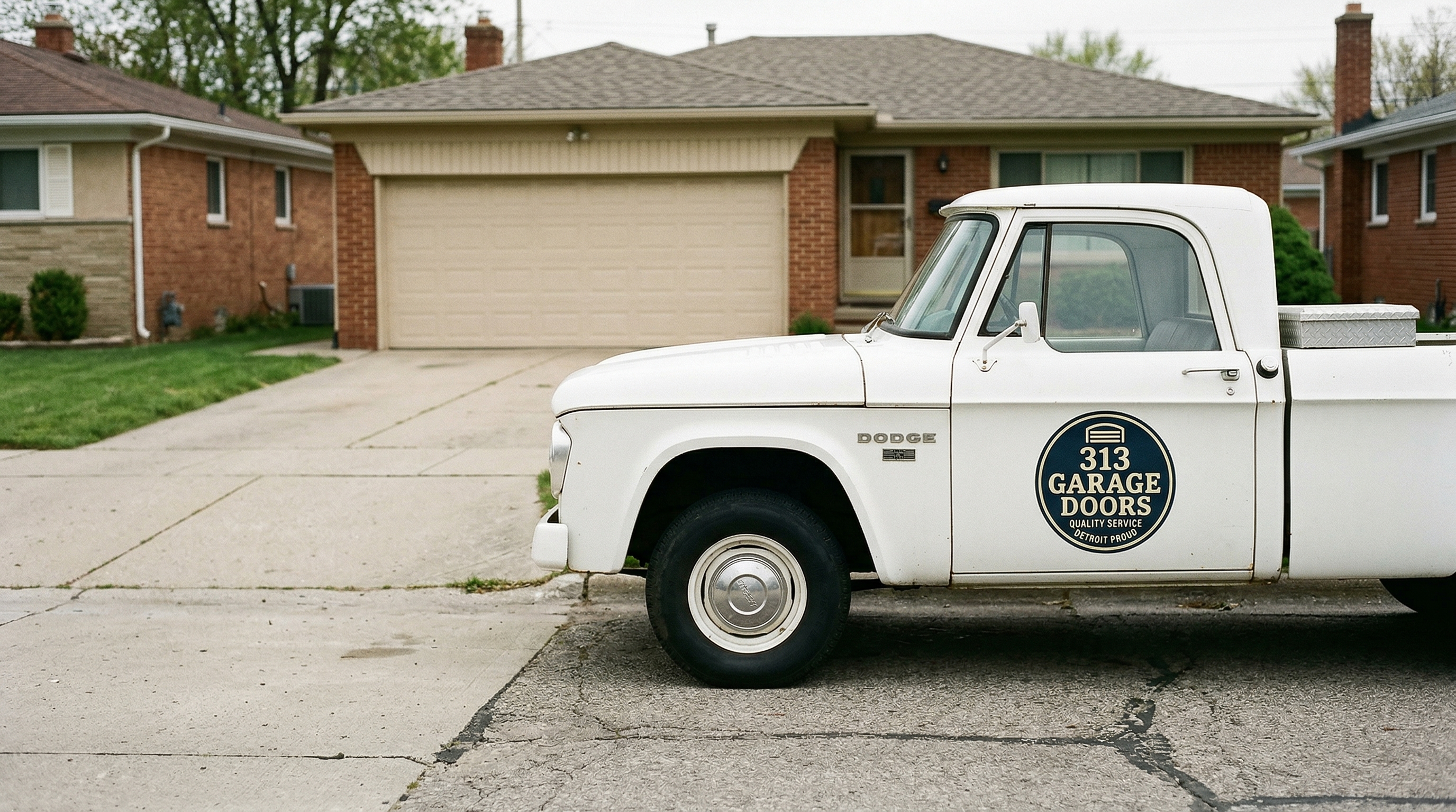 313 Garage Door service truck parked at a ranch home in Inkster, Michigan