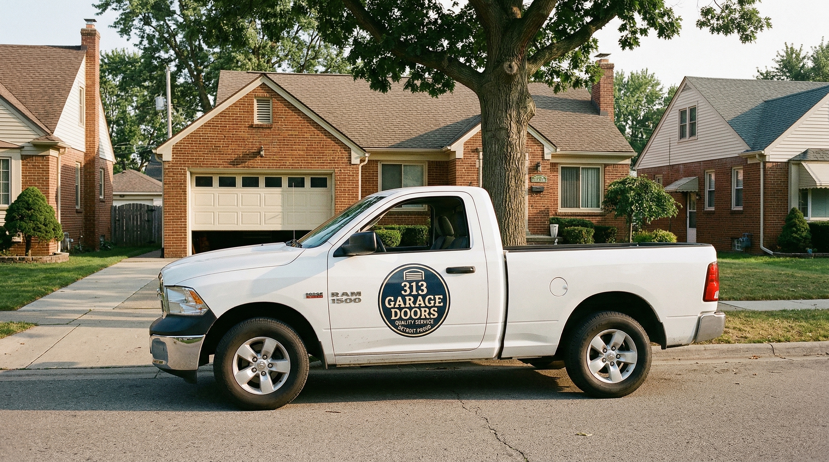 313 Garage Door service truck parked at a 1940s bungalow in Lincoln Park, Michigan