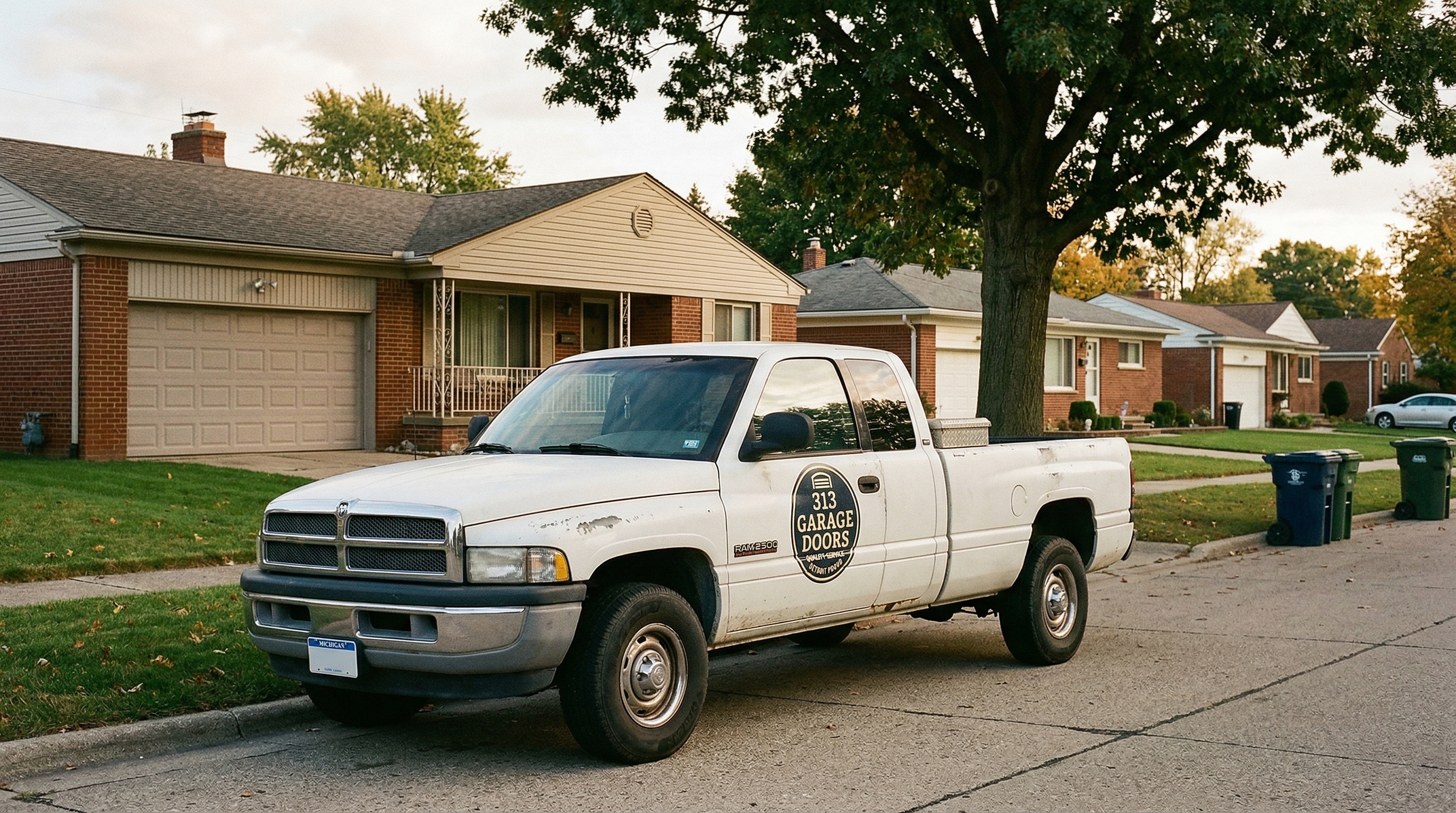 313 Garage Door service truck parked at a ranch home in Livonia, Michigan