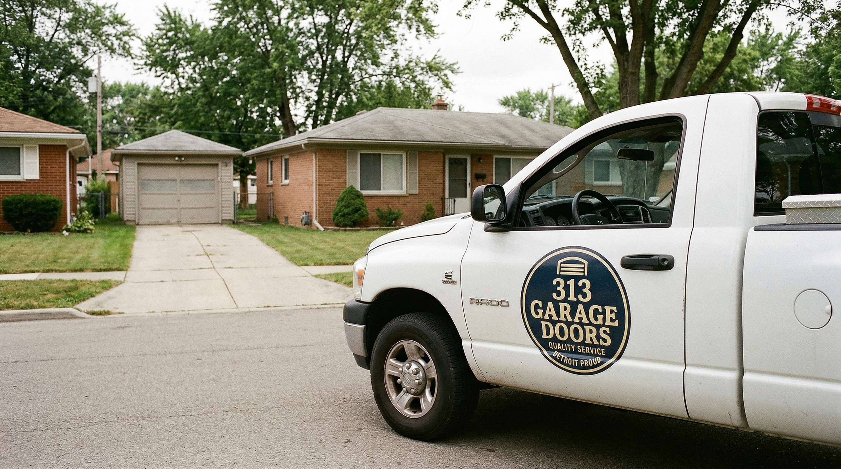 313 Garage Door service truck parked at a 1950s ranch home in Melvindale, Michigan