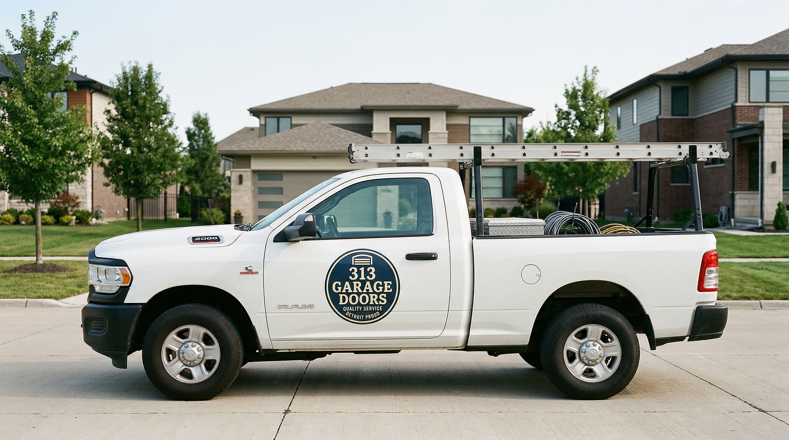313 Garage Door service truck parked in a Novi, Michigan subdivision