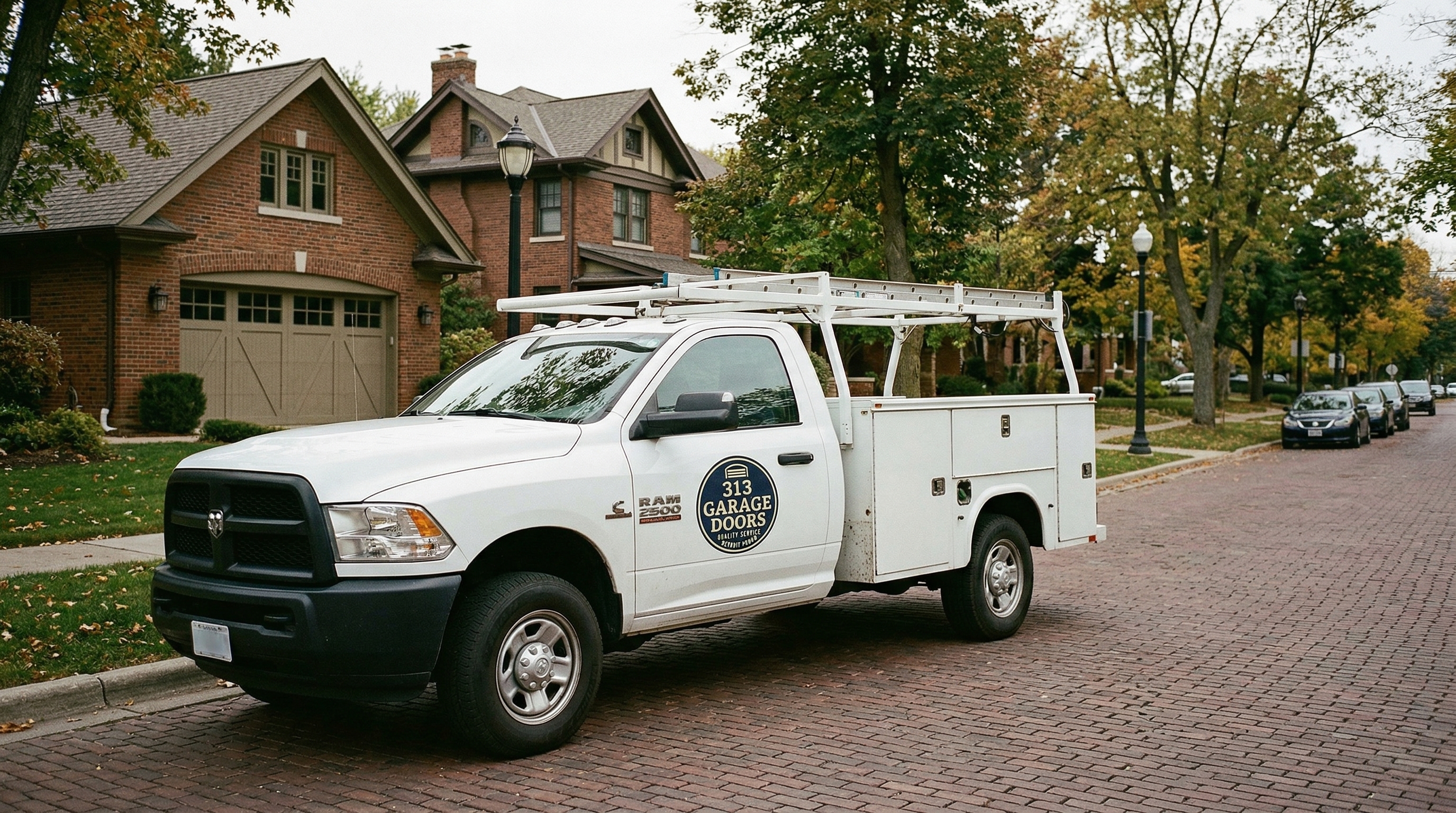 313 Garage Door service truck in Plymouth, Michigan historic neighborhood