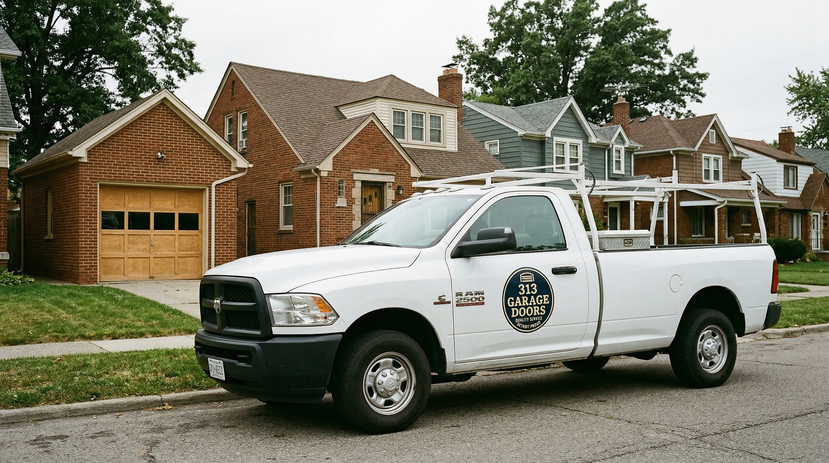 313 Garage Door service truck parked in a River Rouge, Michigan residential neighborhood