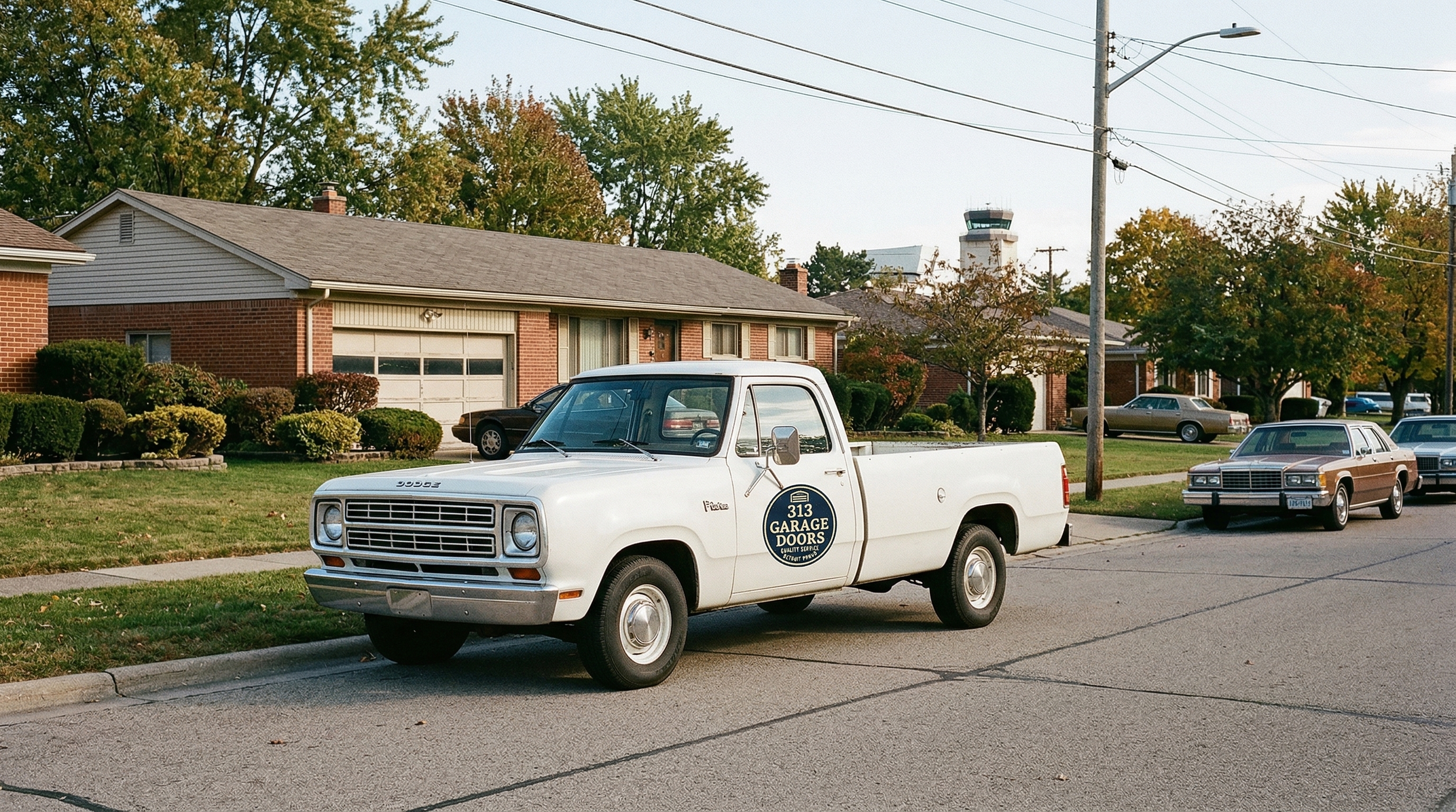 313 Garage Door service truck parked at a 1970s ranch home in Romulus, Michigan