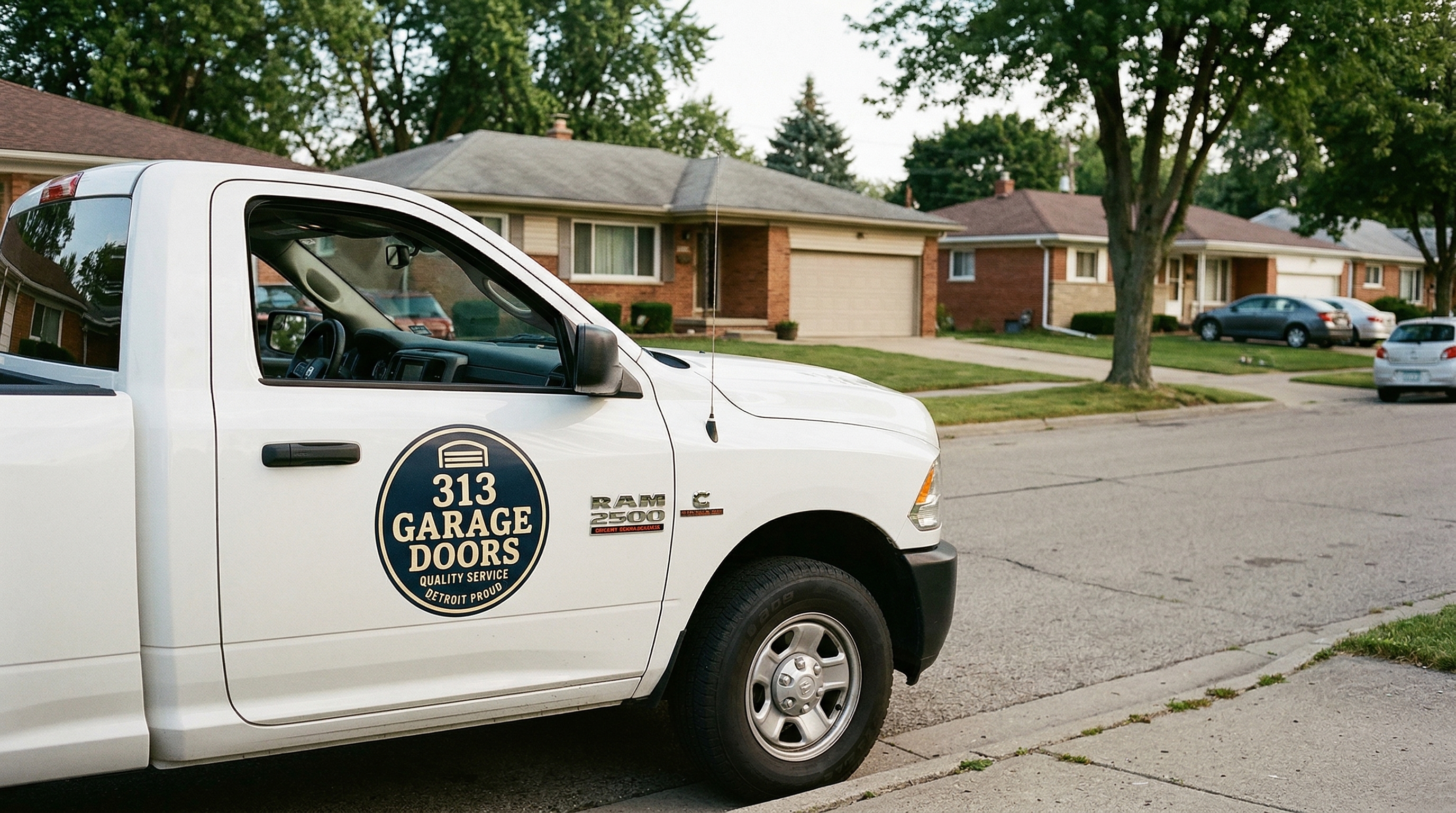 313 Garage Door service truck parked at a ranch home in Taylor, Michigan