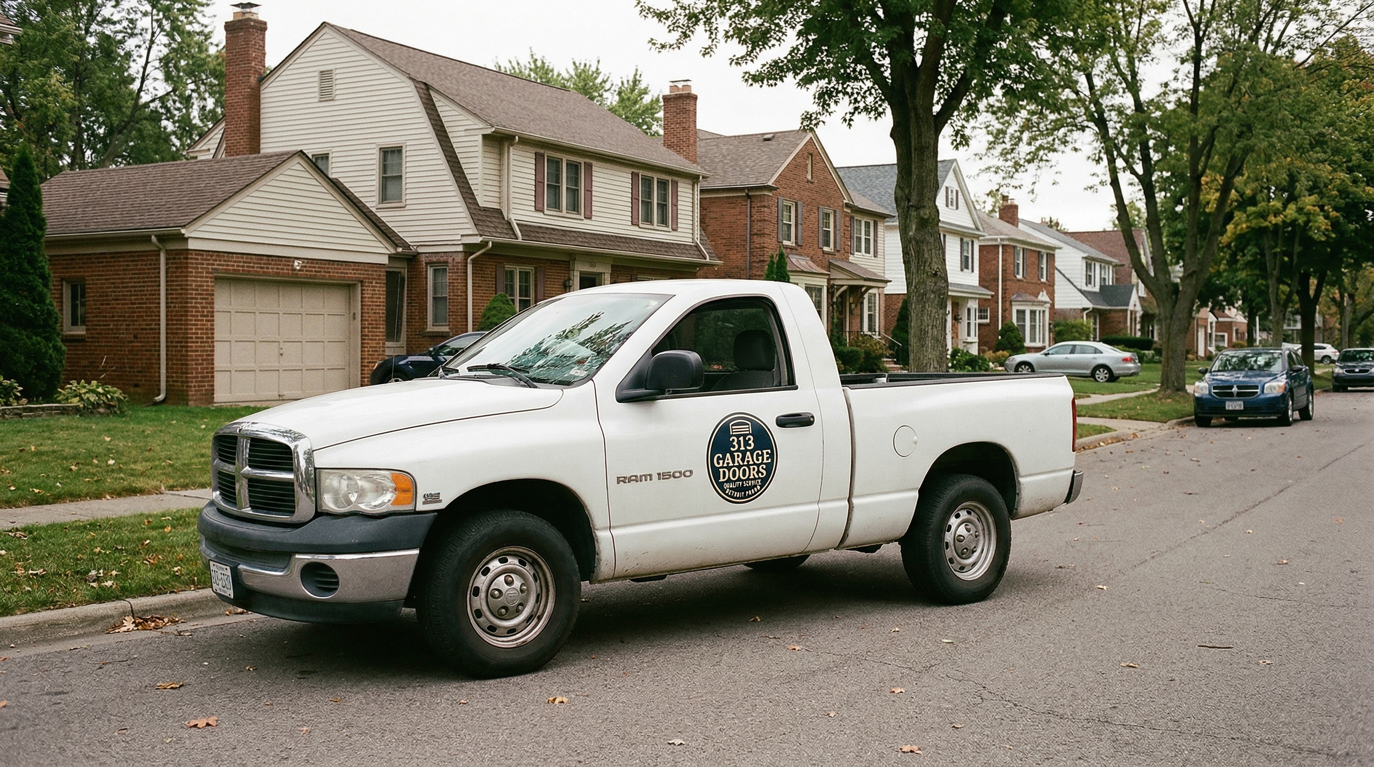 313 Garage Door service truck parked at a historic home in Wyandotte, Michigan