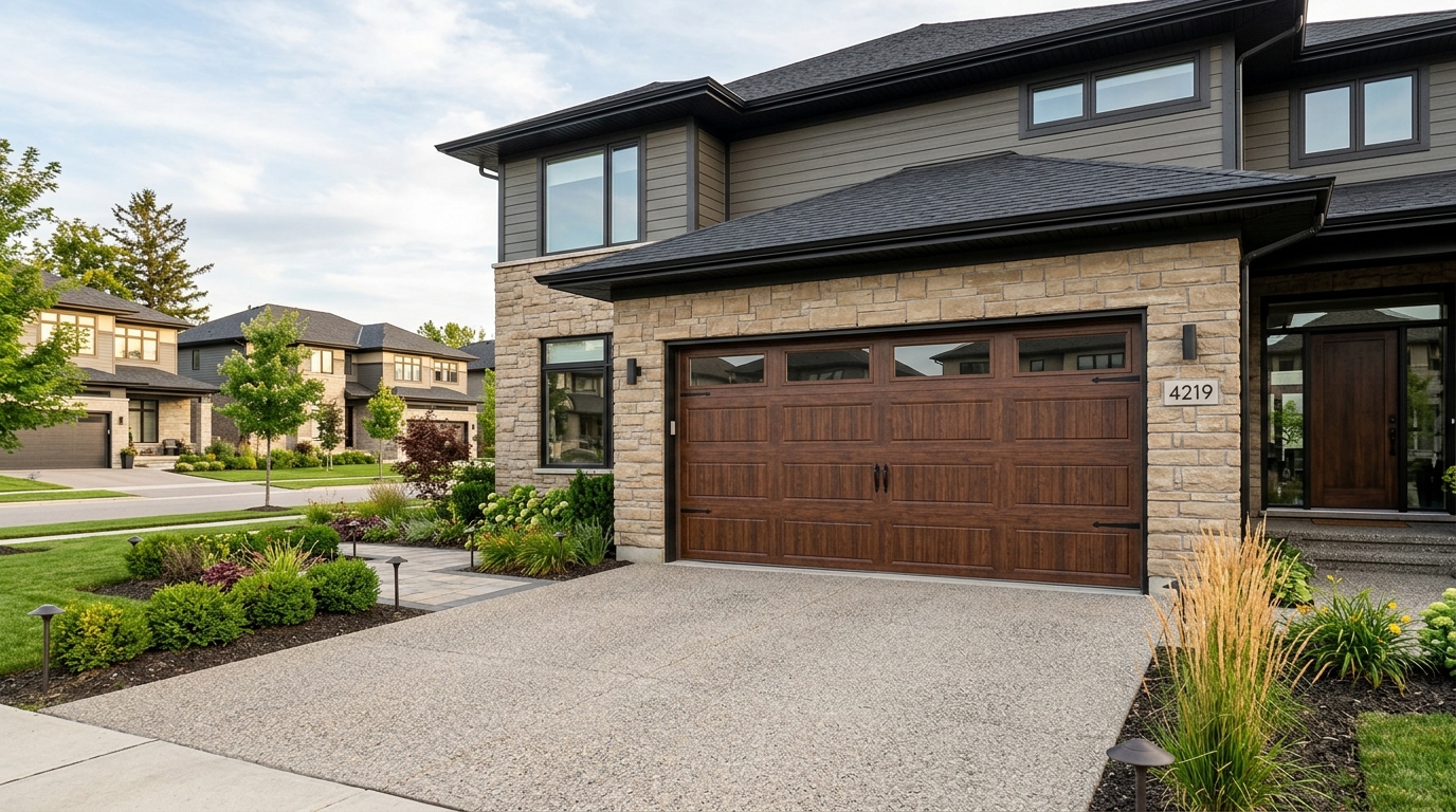 Composite garage door with wood grain texture on a suburban home