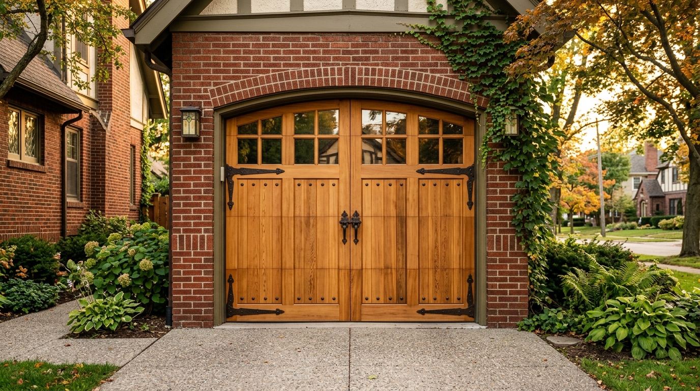 Cedar wood carriage house garage door on a craftsman style home