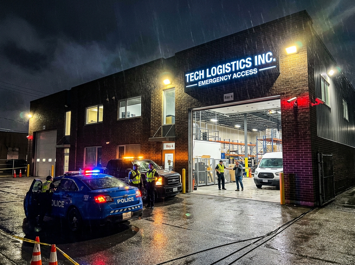 Commercial garage door emergency repair in progress at Detroit warehouse