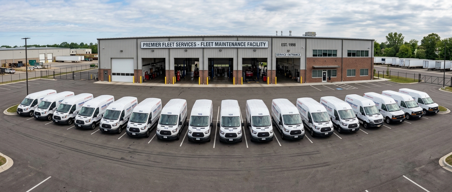 Fleet of commercial service vehicles at a Detroit area maintenance facility