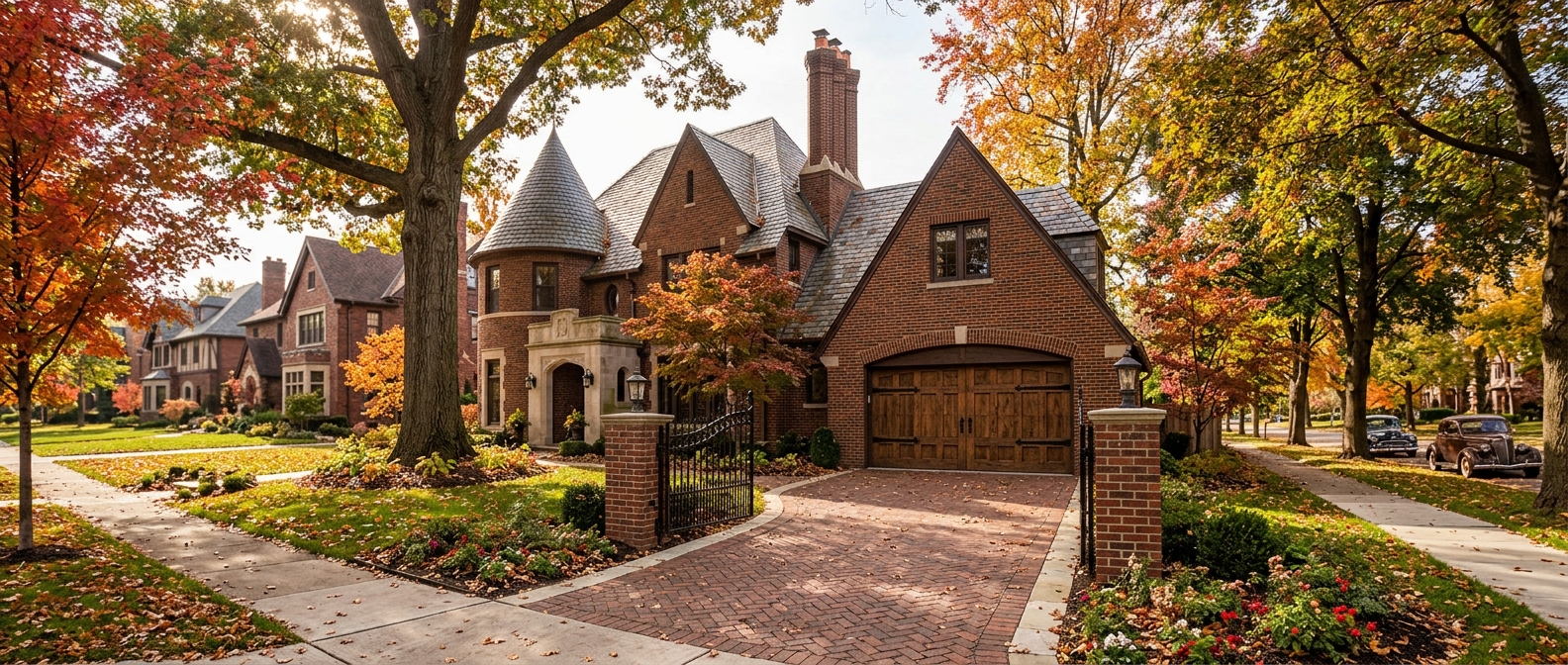 Historic Detroit home with custom wood garage door installation