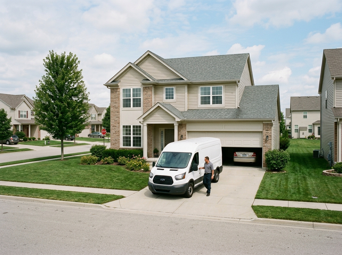 313 Garage Door service truck parked at a Detroit home for same-day repair