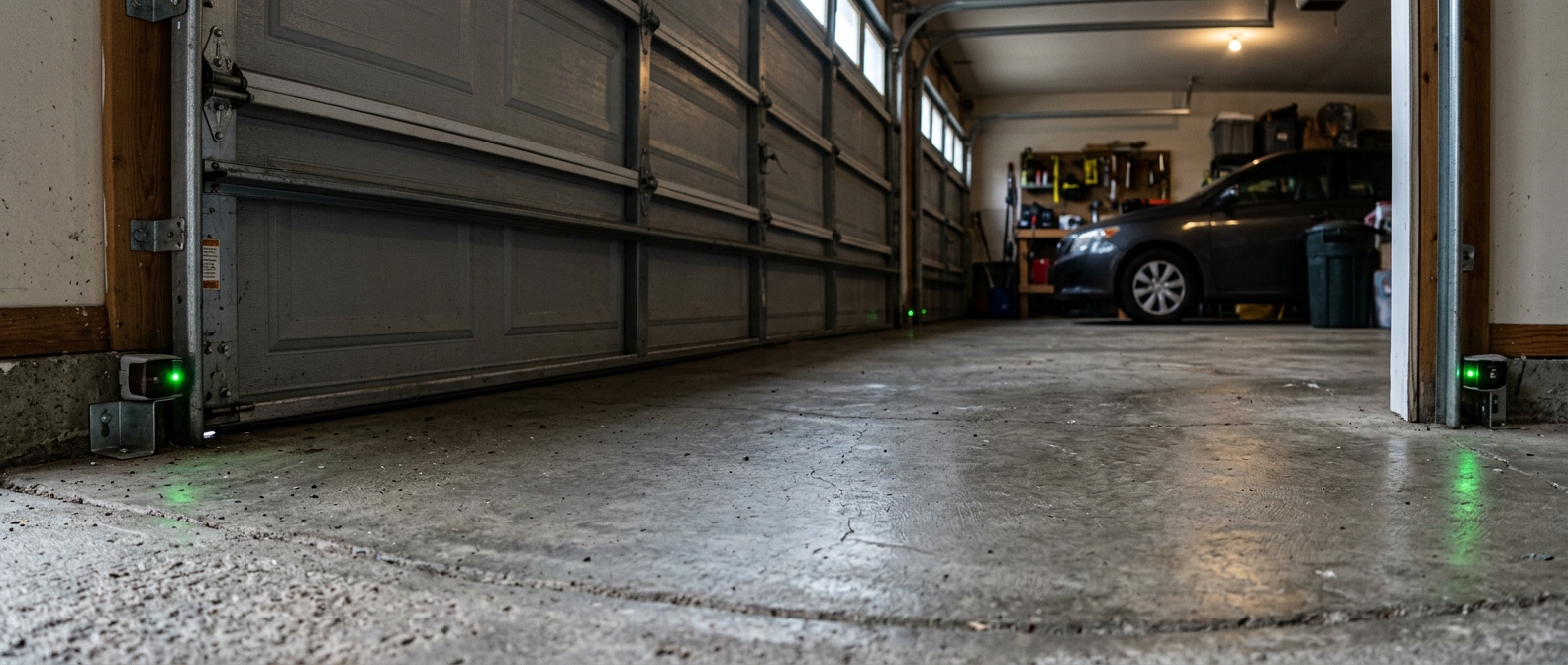 Garage door safety sensors being aligned at floor level