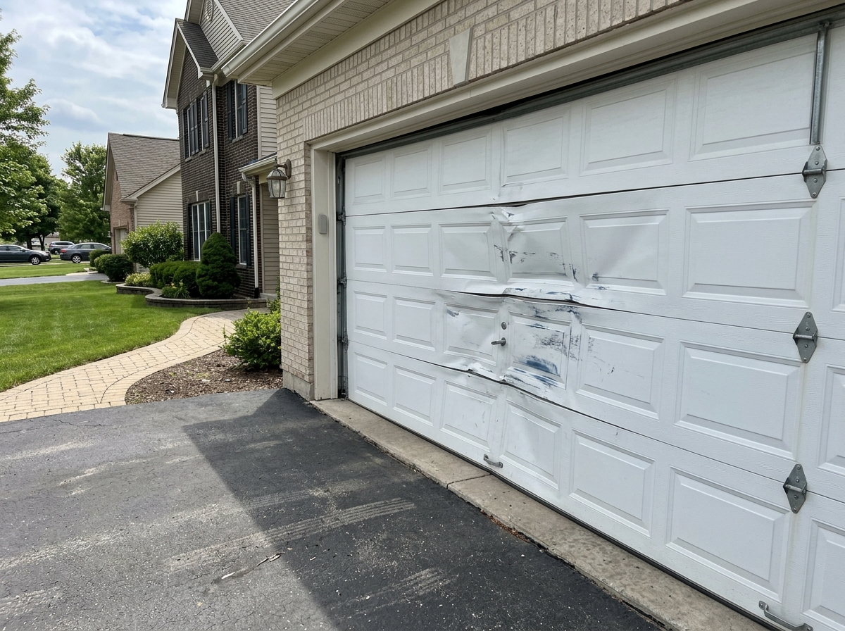 Garage door with dented and damaged panel on a Detroit home