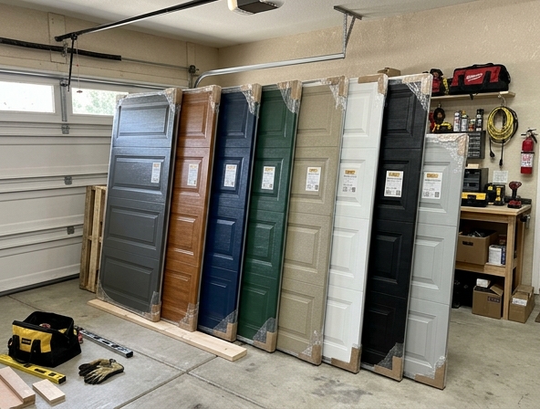 Freshly installed replacement garage door panel blending with existing panels