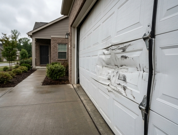 Dented garage door panel from vehicle impact on a Detroit residential home