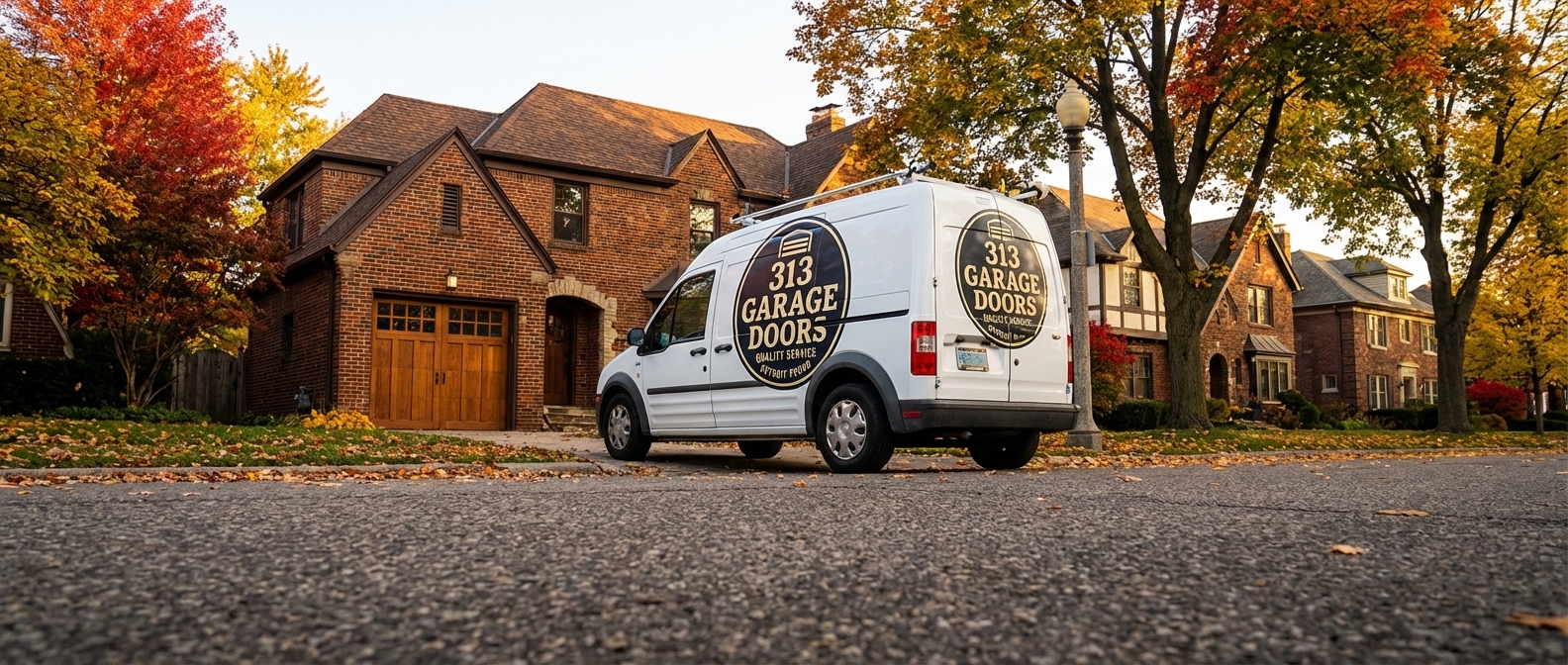 313 Garage Door service truck parked at a Detroit brick bungalow during a repair call