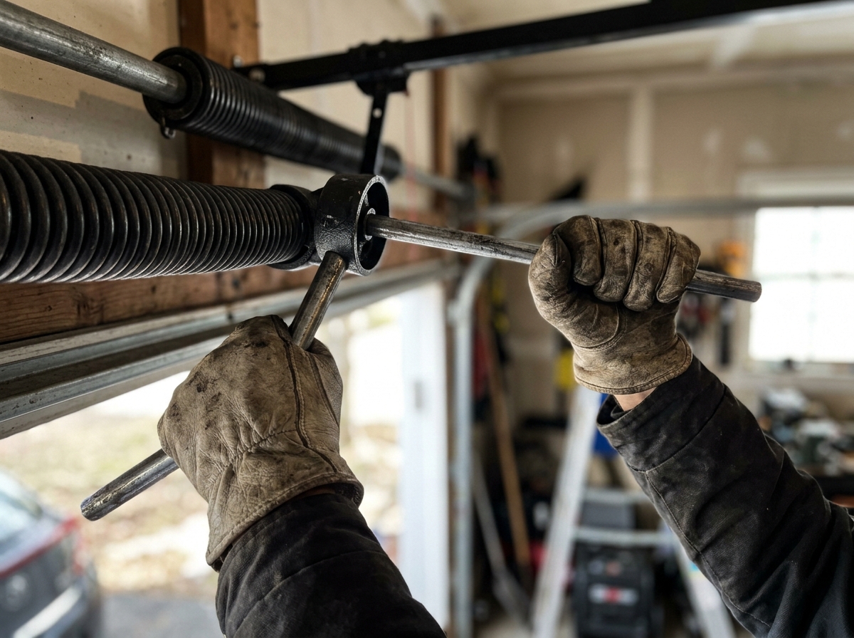 313 Garage Door technician replacing a broken torsion spring on a Detroit home